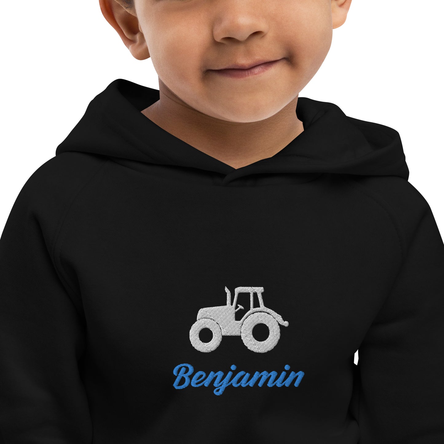 Traktor mit Namen gestickt auf Bio-Kapuzenpullover für Kinder personalisierbar