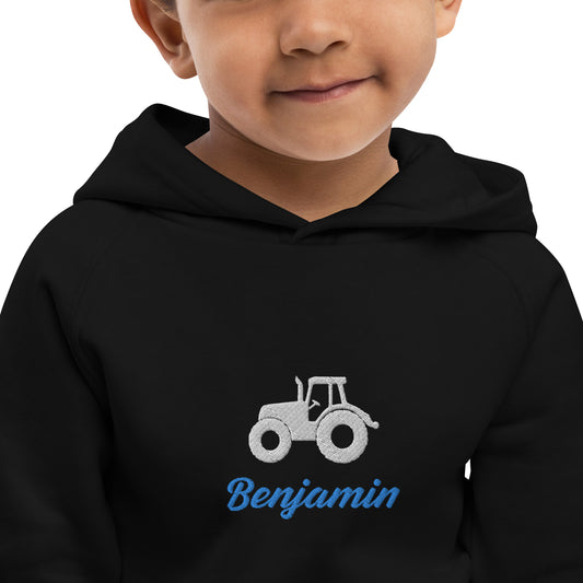 Traktor mit Namen gestickt auf Bio-Kapuzenpullover für Kinder personalisierbar