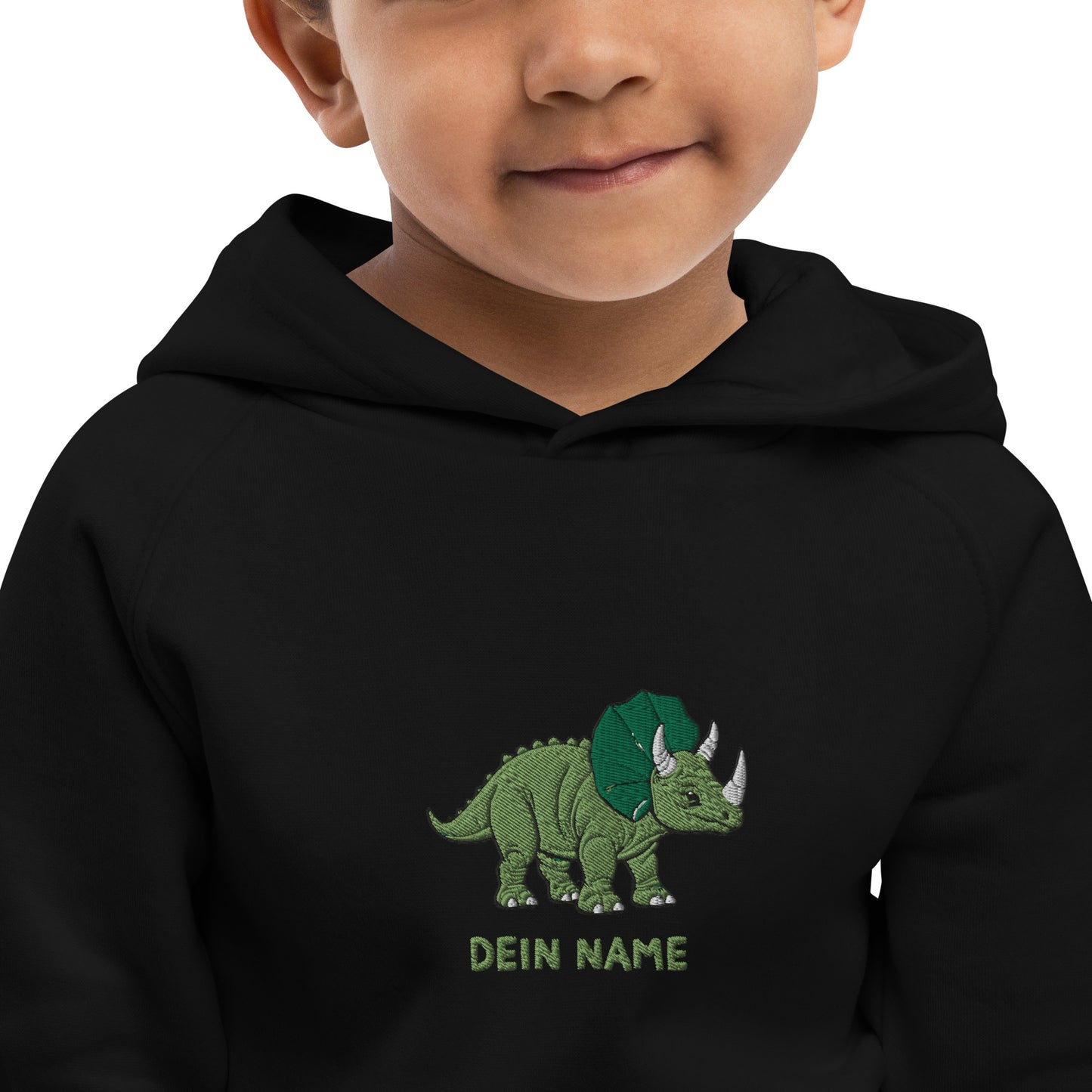 Dino Trizeratops auf Bio-Hoodie gestickt Personalisierbar