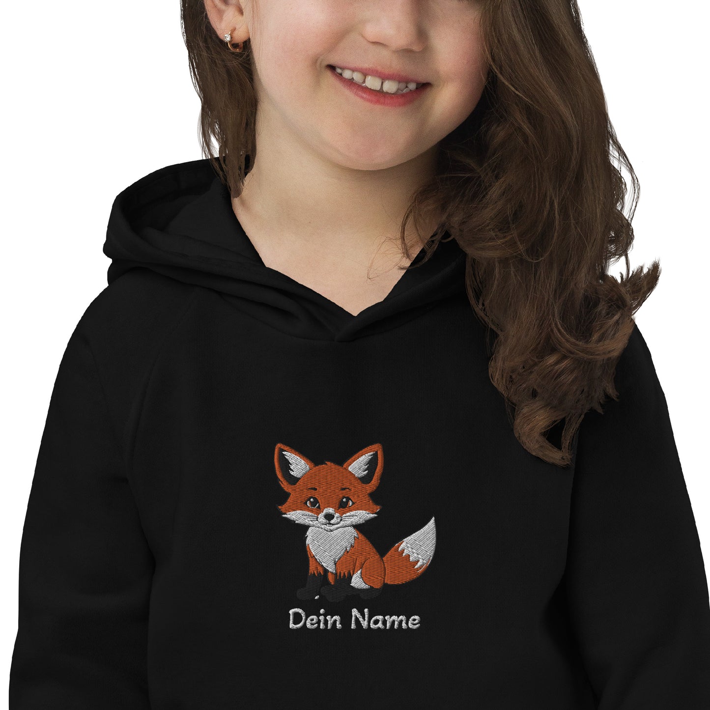 Fuchs auf Bio-Hoodie für Kinder gestickt Personalisierbar