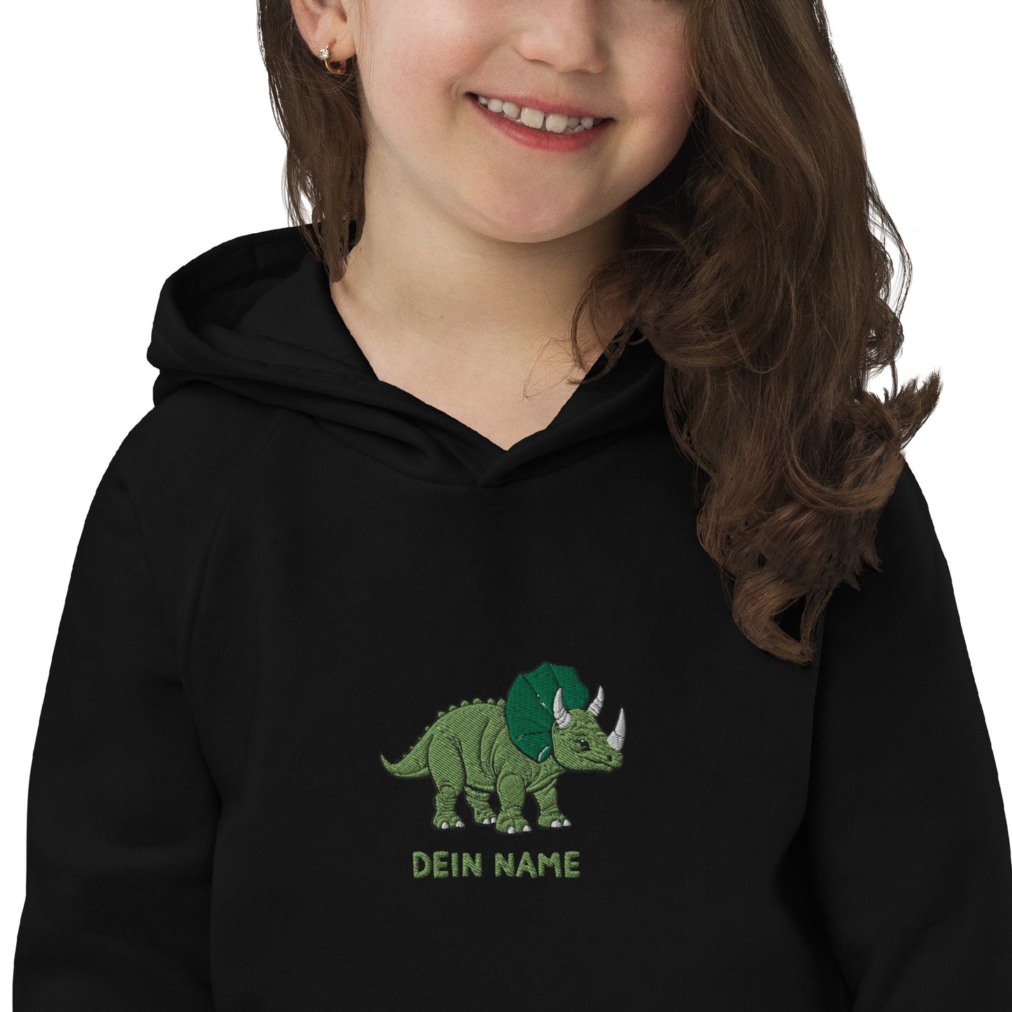 Dino Trizeratops auf Bio-Hoodie gestickt Personalisierbar