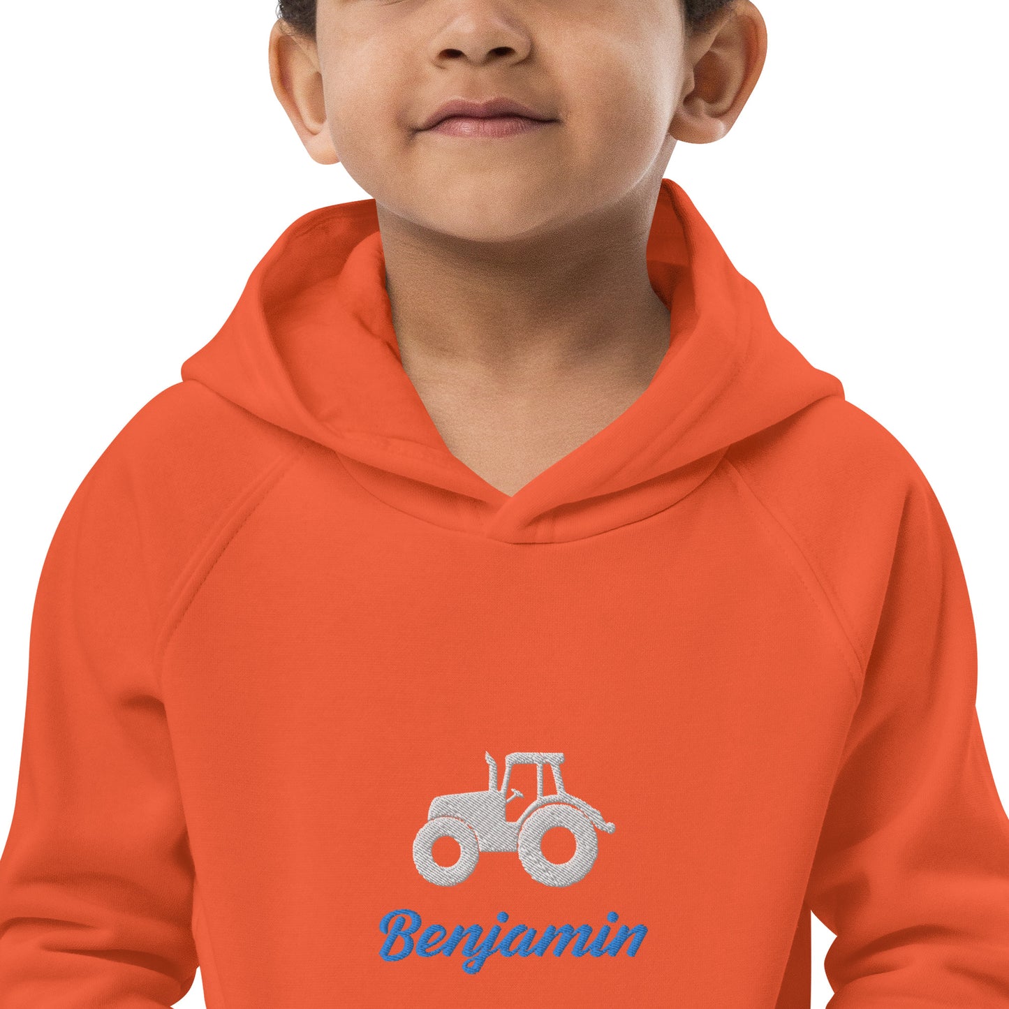 Traktor mit Namen gestickt auf Bio-Kapuzenpullover für Kinder personalisierbar