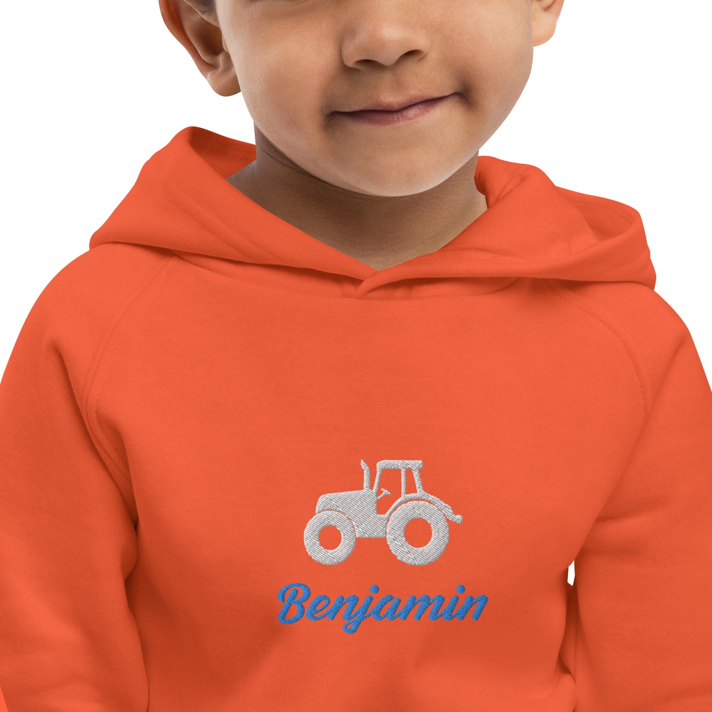 Traktor mit Namen gestickt auf Bio-Kapuzenpullover für Kinder personalisierbar