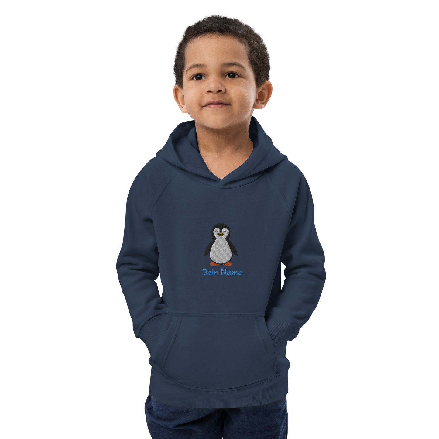 Pinguin auf Bio-Hoodie für Kinder gestickt Personalisierbar