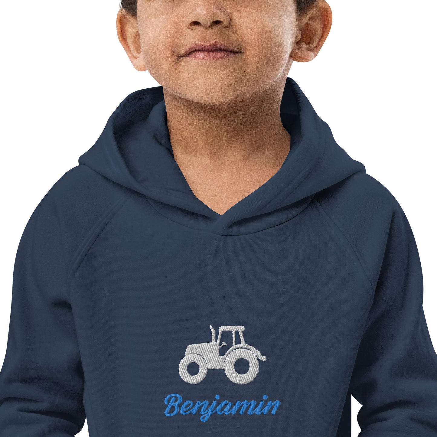 Traktor mit Namen gestickt auf Bio-Kapuzenpullover für Kinder personalisierbar