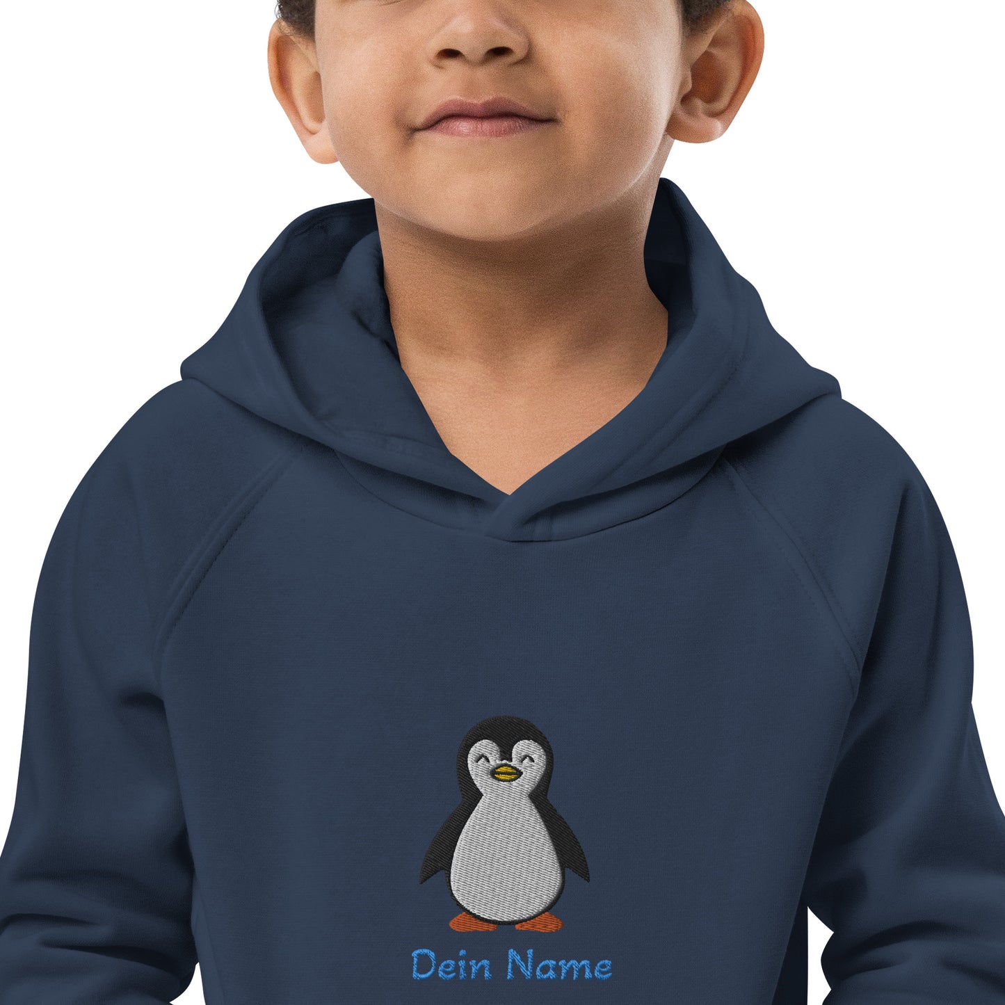 Pinguin auf Bio-Hoodie für Kinder gestickt Personalisierbar