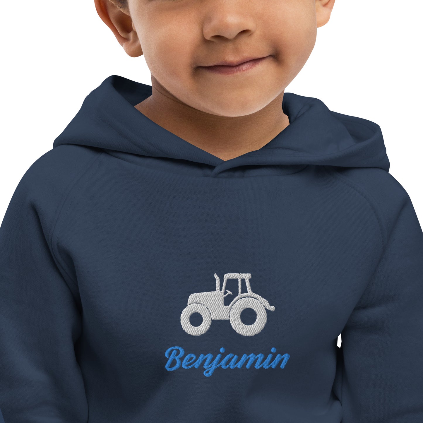 Traktor mit Namen gestickt auf Bio-Kapuzenpullover für Kinder personalisierbar