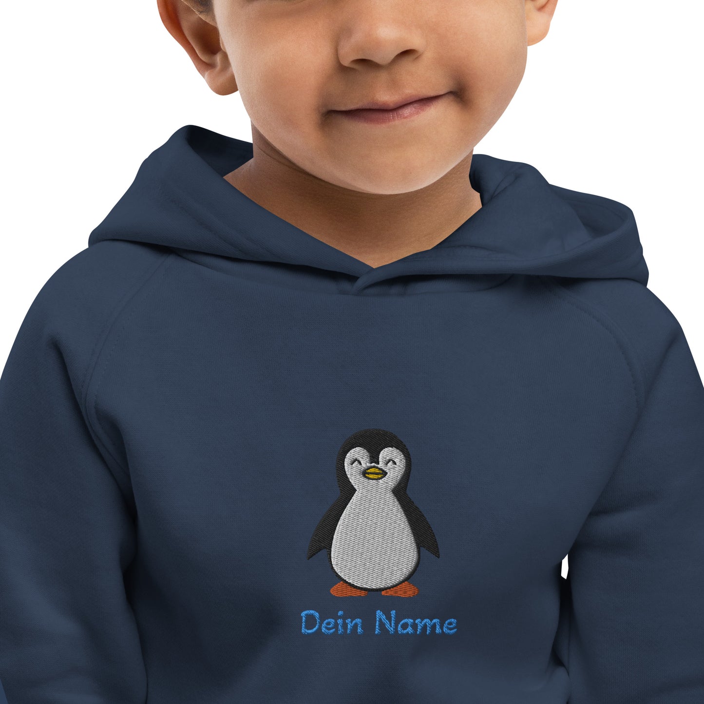 Pinguin auf Bio-Hoodie für Kinder gestickt Personalisierbar