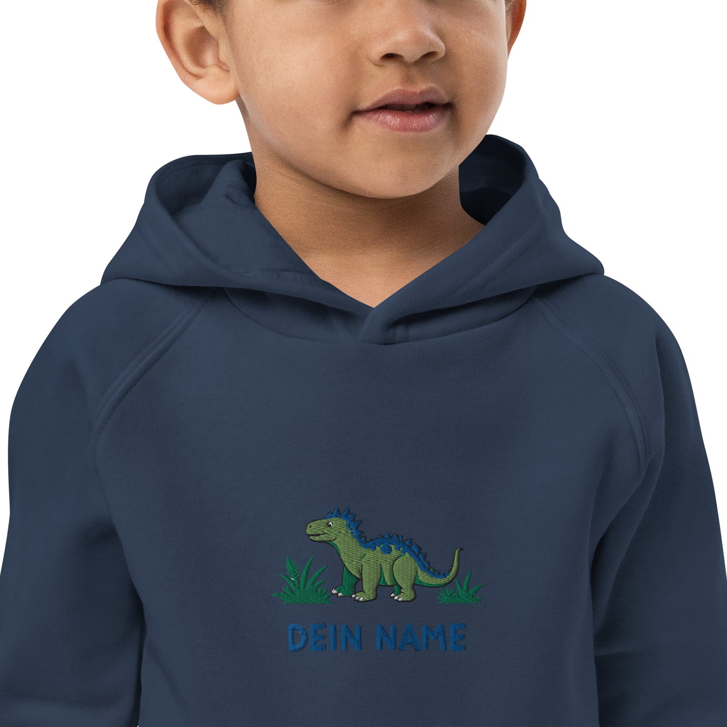 Dino Stegosaurus auf Bio-Hoodie für Kinder gestickt Personalisierbar