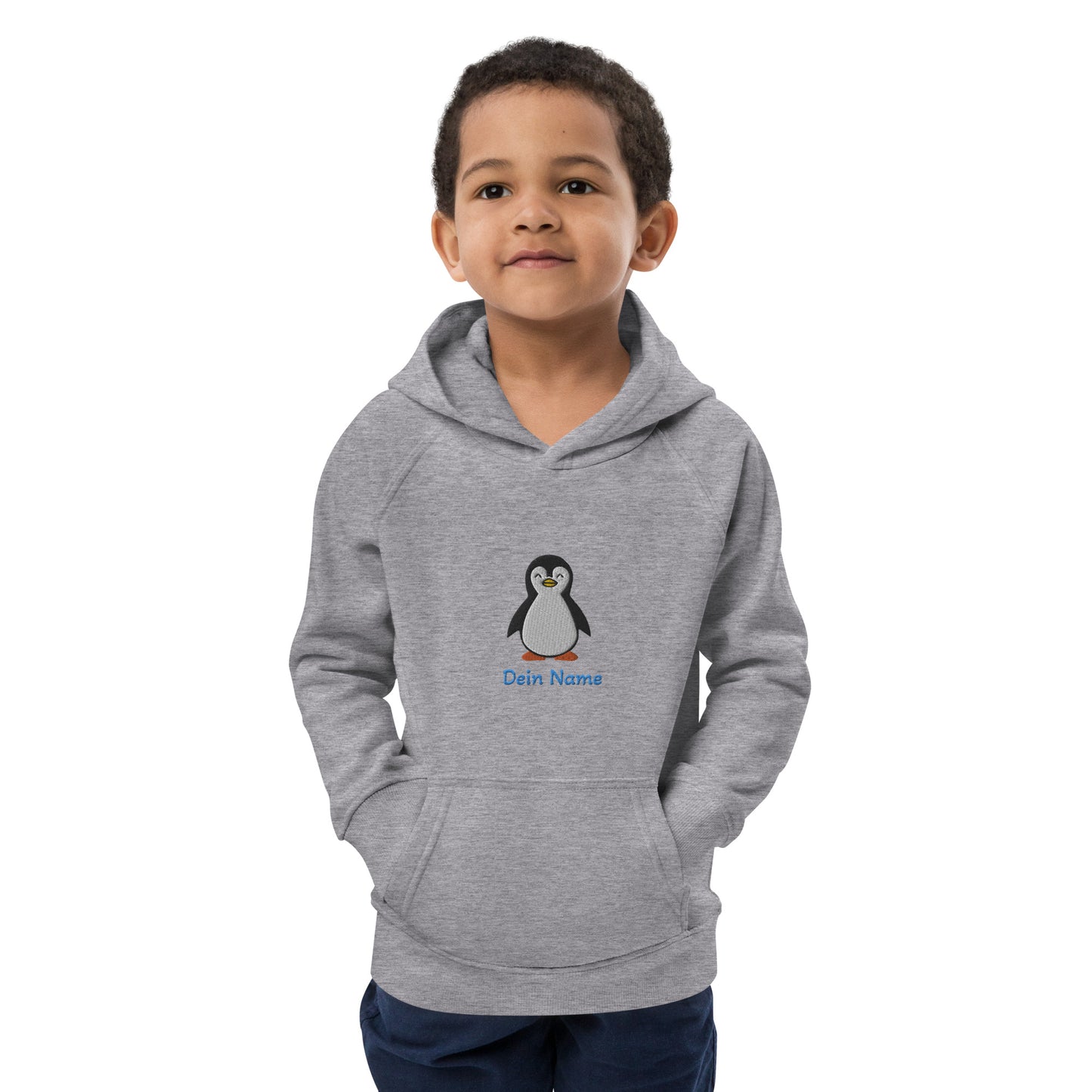 Pinguin auf Bio-Hoodie für Kinder gestickt Personalisierbar