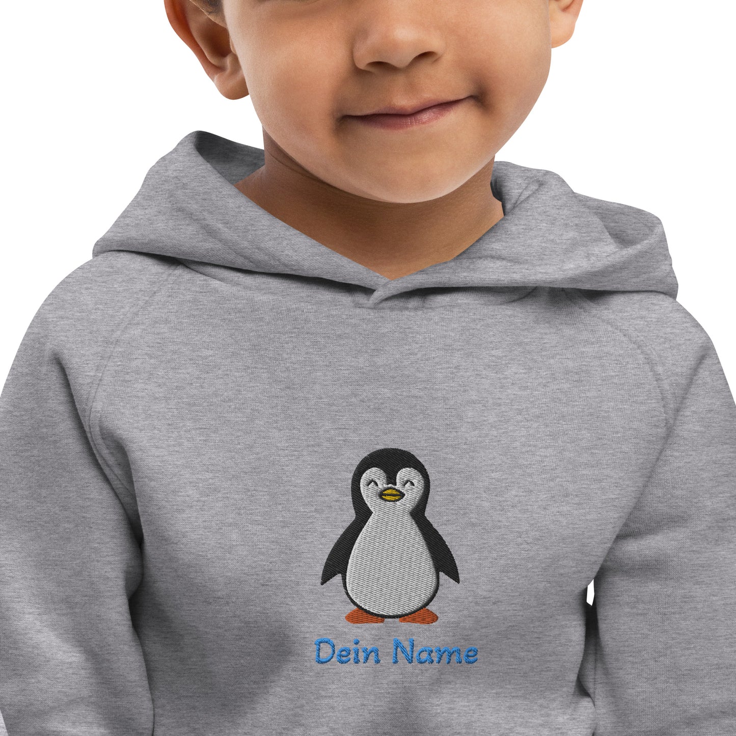 Pinguin auf Bio-Hoodie für Kinder gestickt Personalisierbar