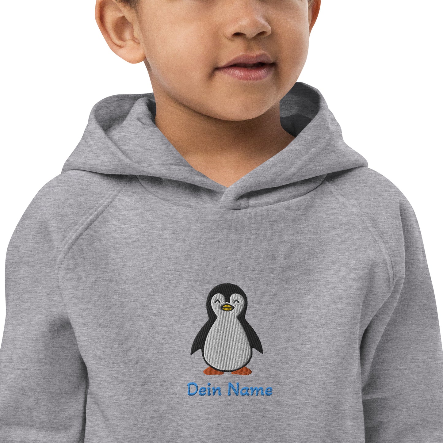 Pinguin auf Bio-Hoodie für Kinder gestickt Personalisierbar