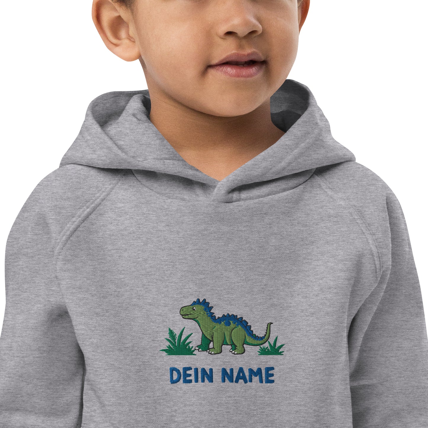 Dino Stegosaurus auf Bio-Hoodie für Kinder gestickt Personalisierbar