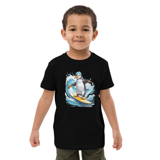 Surfer Pinguin auf Bio-Baumwoll-T-Shirt für Kinder gedruckt