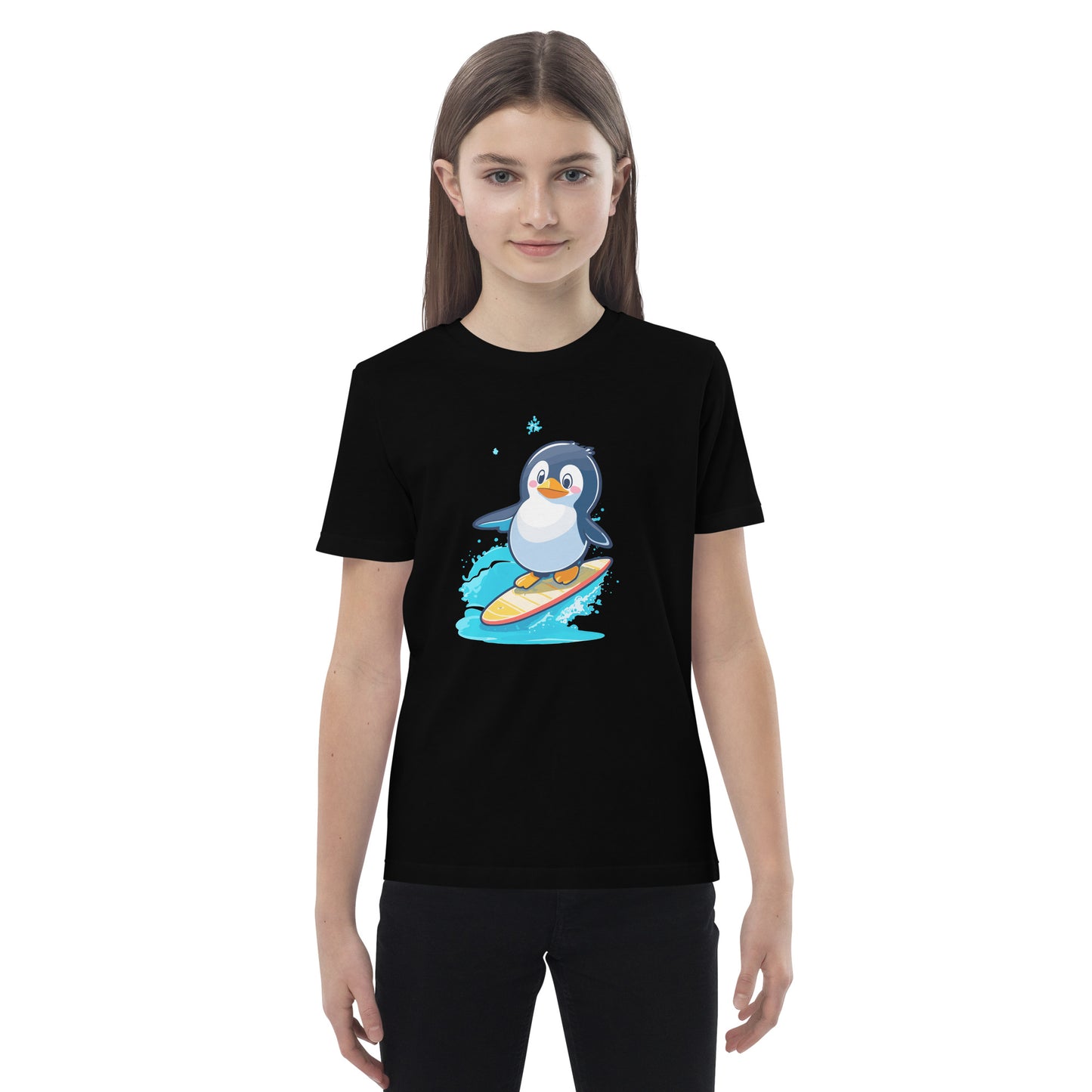 Surfer Pinguin auf Bio-Baumwoll-T-Shirt gedruckt