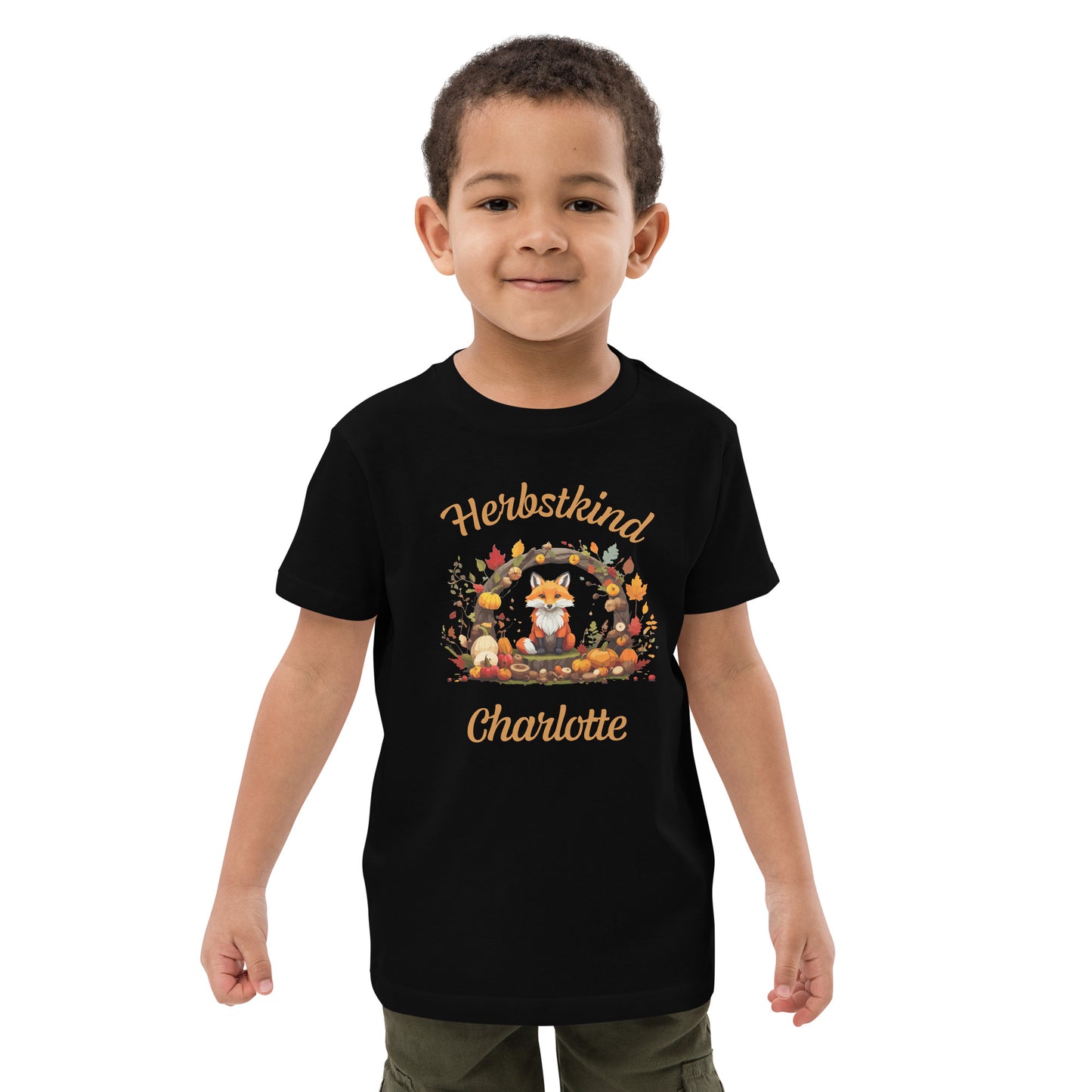 Herbstkind Fuchs auf Bio-Baumwoll-T-Shirt für Kinder gedruckt Personalisierbar