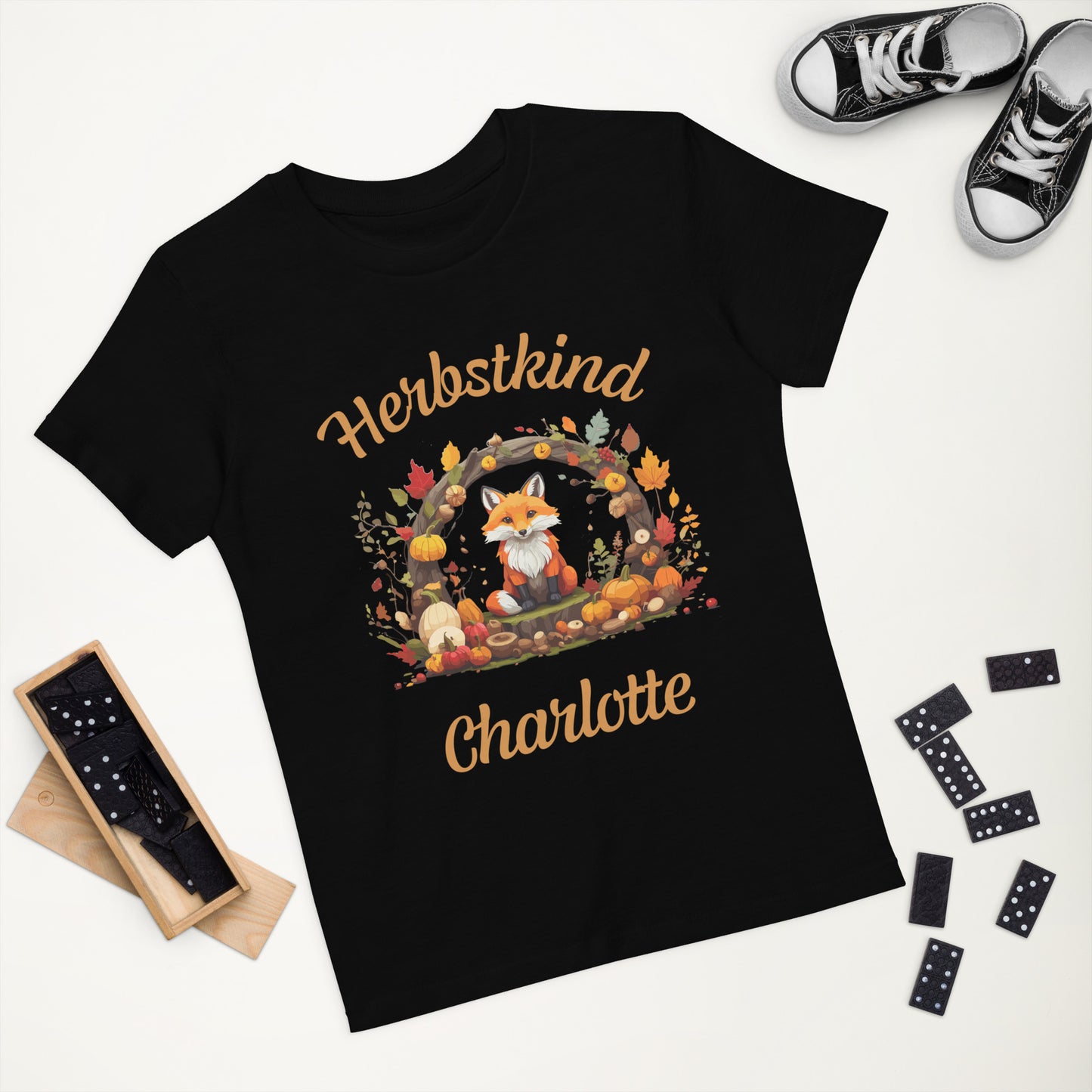 Herbstkind Fuchs auf Bio-Baumwoll-T-Shirt für Kinder gedruckt Personalisierbar