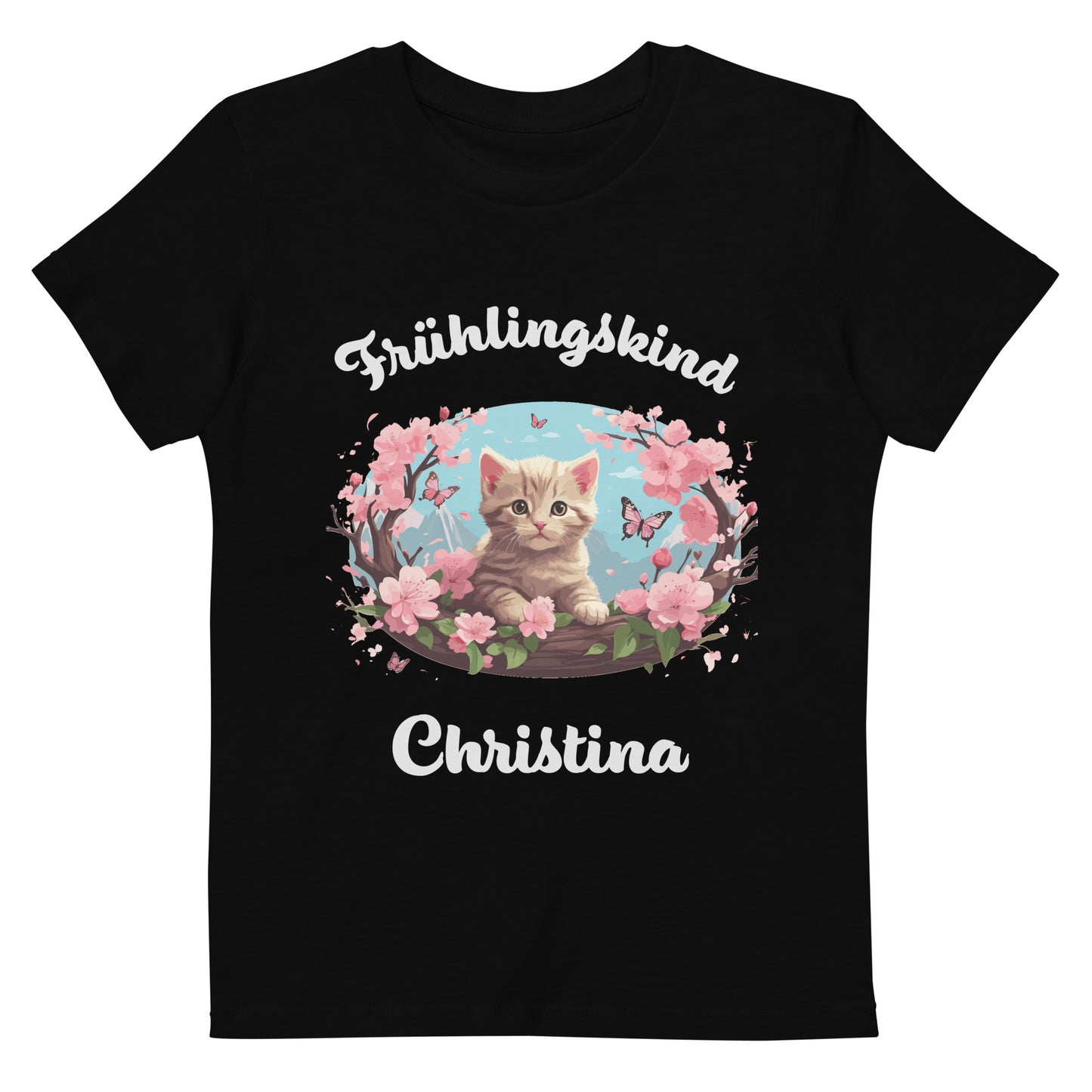 Frühlingskind Katze auf Bio-Baumwoll-T-Shirt für Kinder gedruckt Personalisierbar