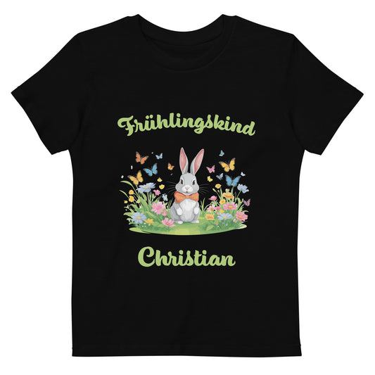 Frühlingskind Hase auf Bio-Baumwoll-T-Shirt für Kinder gedruckt Personalisierbar