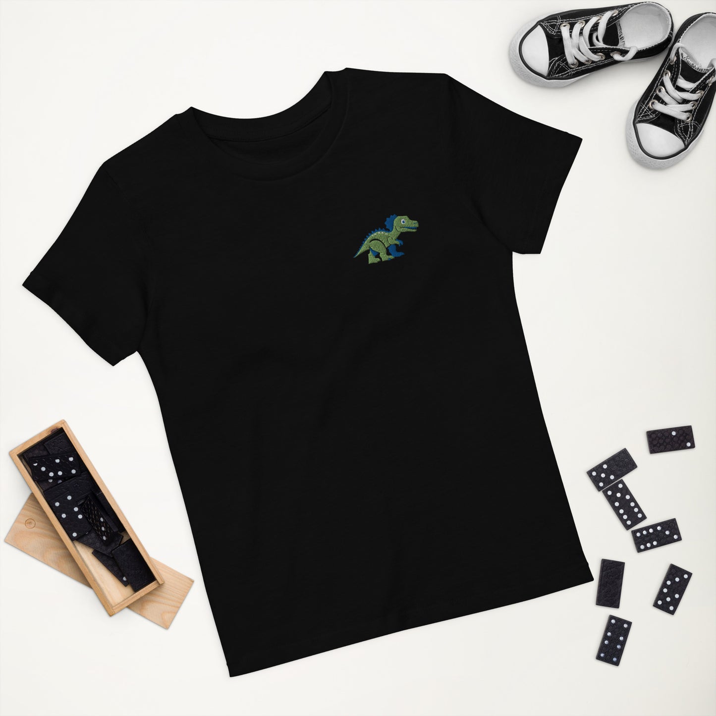 Dinosaurier T-Rex auf Bio-Baumwoll-T-Shirt für Kinder gestickt