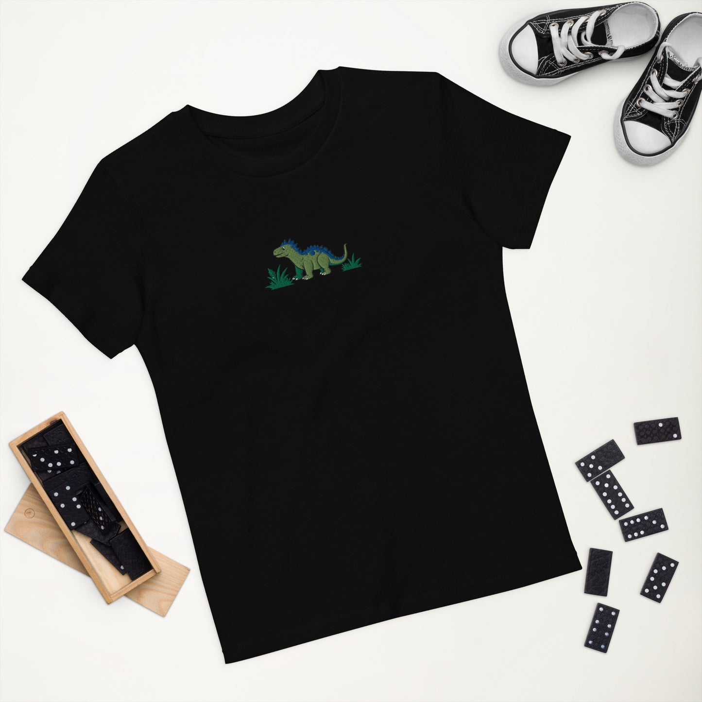 Dino Stegosaurus auf Bio-Baumwoll-T-Shirt für Kinder gestickt