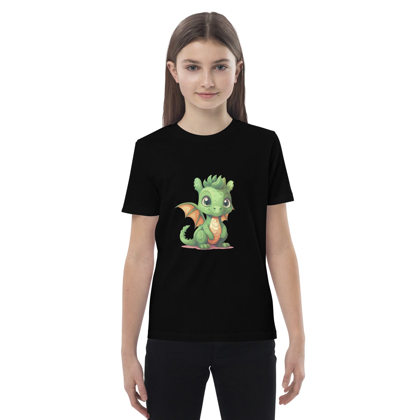 Dino/Drache grün auf Bio-Baumwoll-T-Shirt für Kinder gedruckt