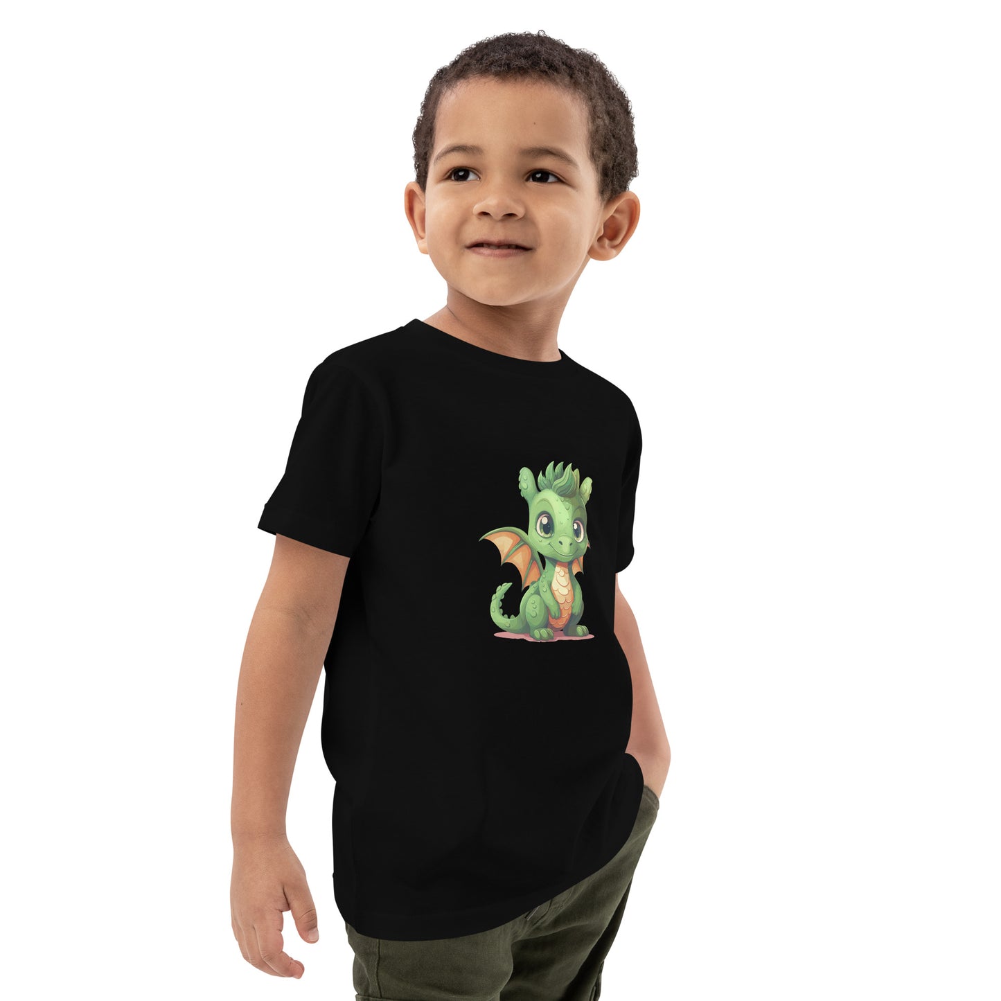 Dino/Drache grün auf Bio-Baumwoll-T-Shirt für Kinder gedruckt