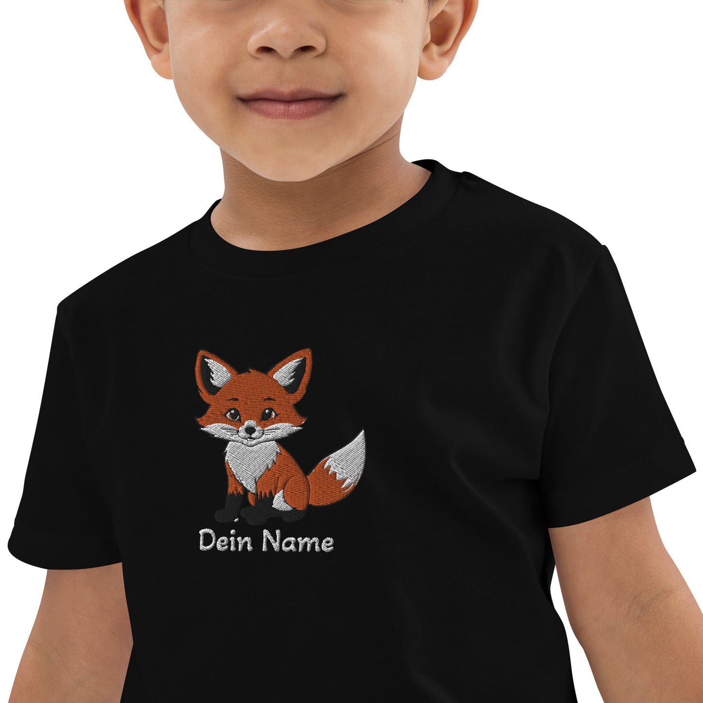 Fuchs auf Bio-Baumwoll-T-Shirt für Kinder gestickt Mitte Personalisierbar