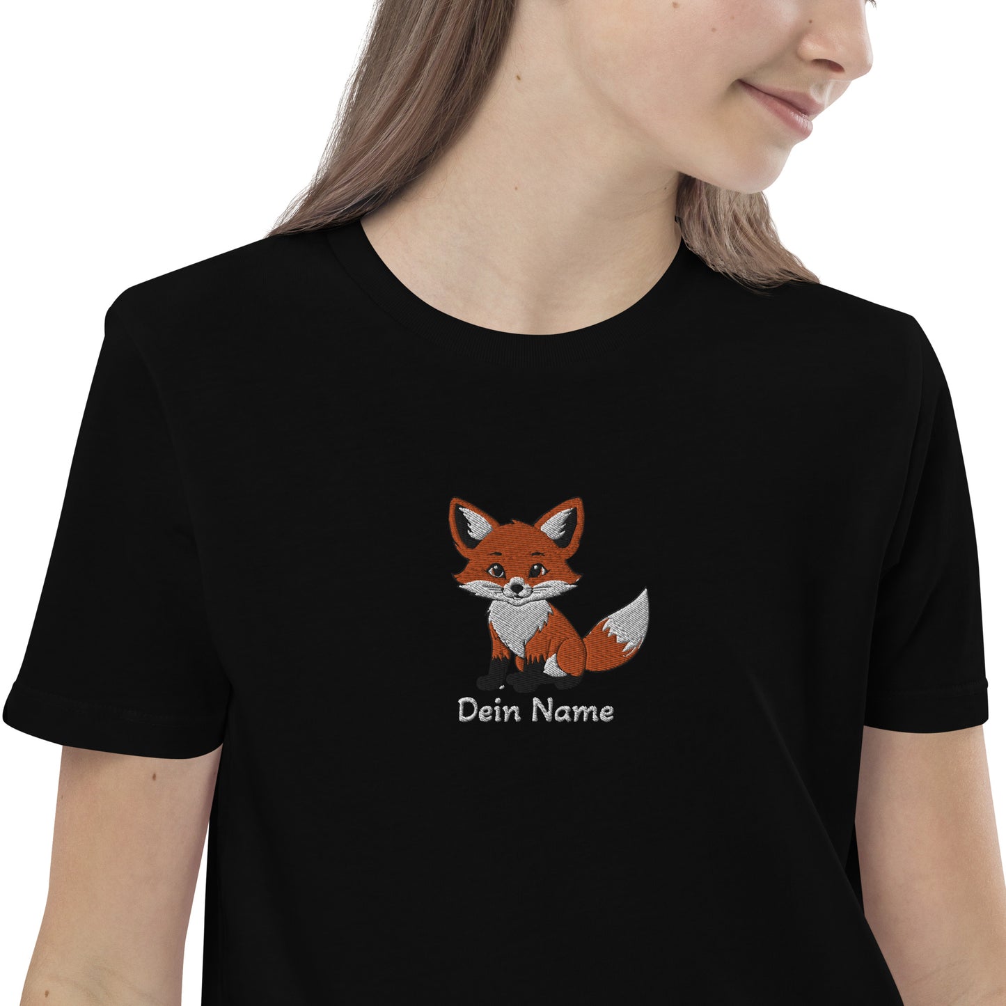 Fuchs auf Bio-Baumwoll-T-Shirt für Kinder gestickt Mitte Personalisierbar