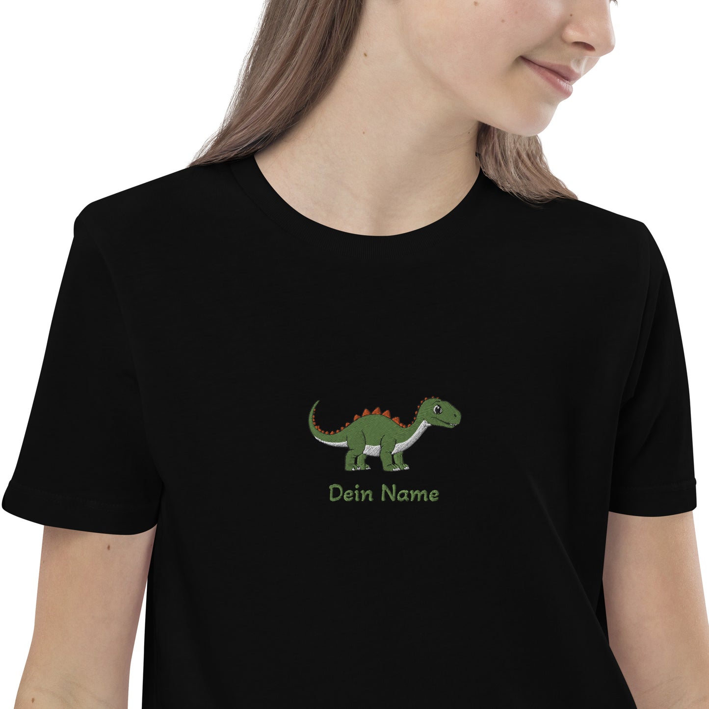 Dino Brachiosaurus Mitte auf Bio-Baumwoll-T-Shirt für Kinder gestickt Personalisierbar