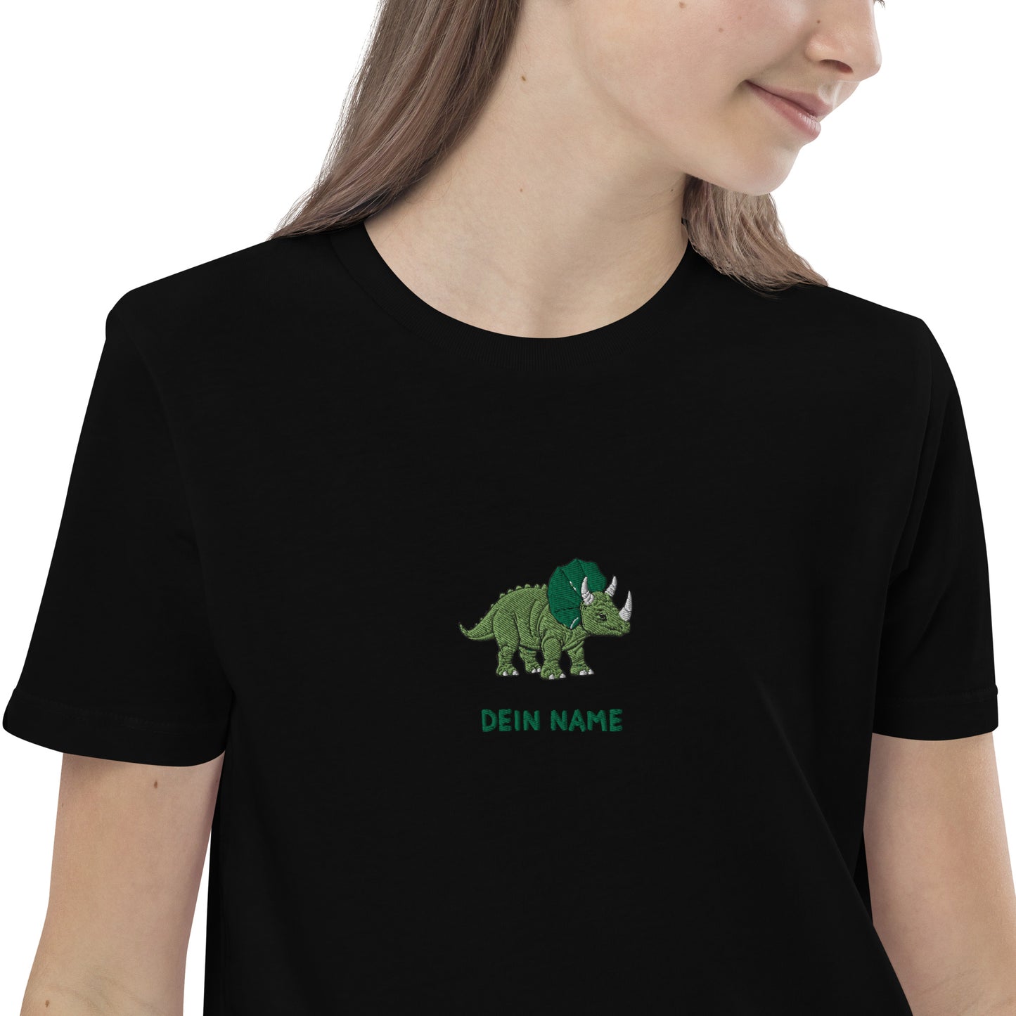 Dino Triceratops auf Bio-Baumwoll-T-Shirt für Kinder gestickt Personalisierbar