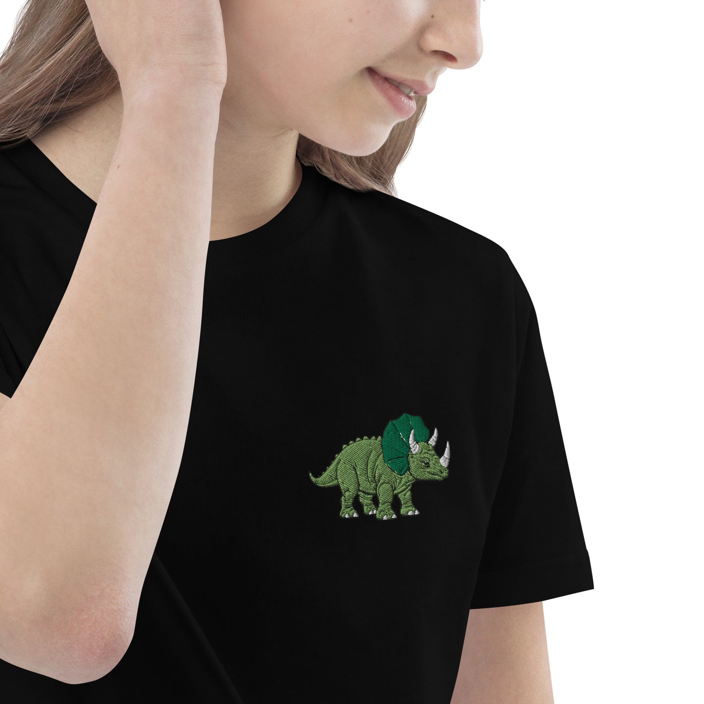 Dino Trizeratops auf Bio-Baumwoll-T-Shirt für Kinder gestickt