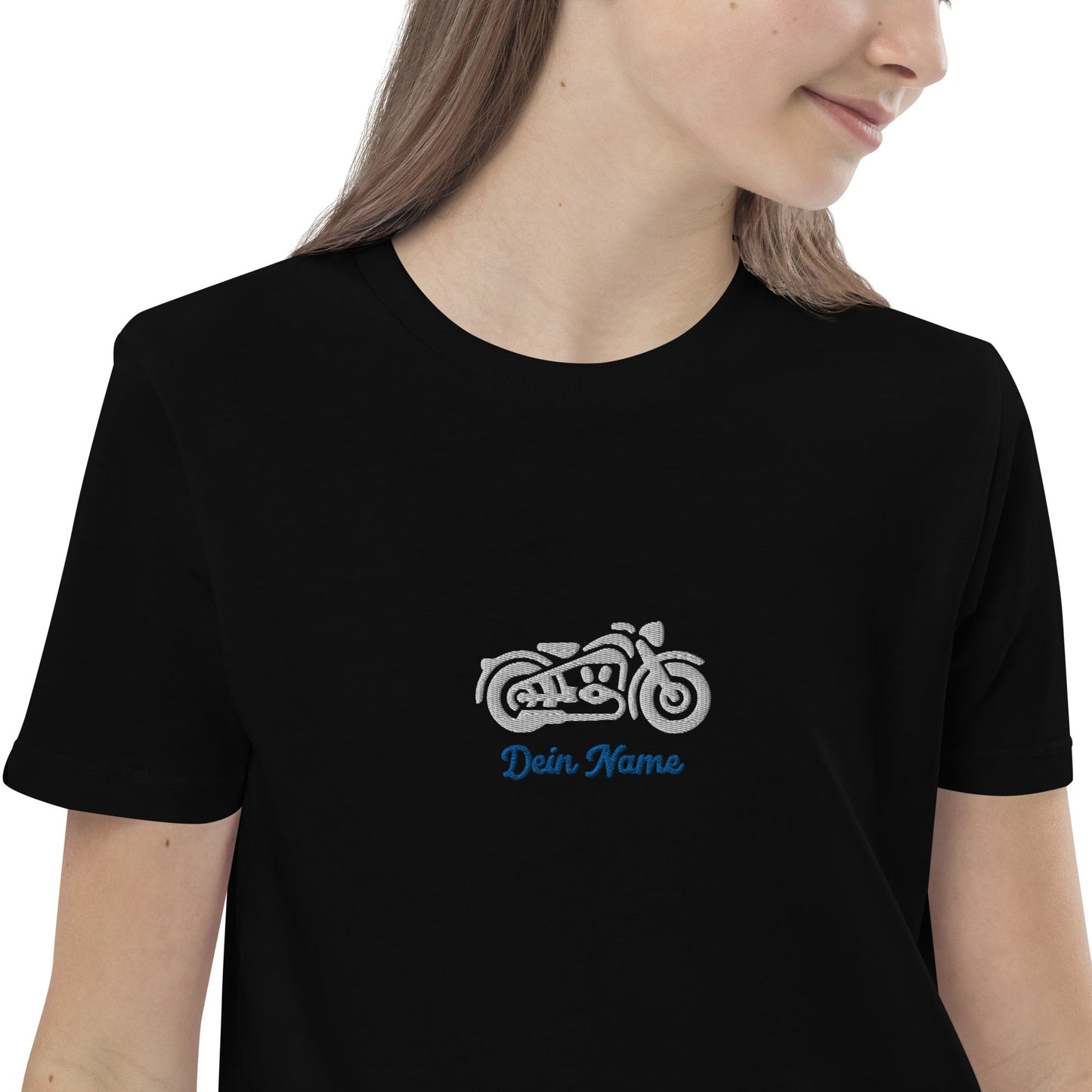 Motorrad / Harley auf Bio-Baumwoll-T-Shirt für Kinder gestickt Personalisierbar