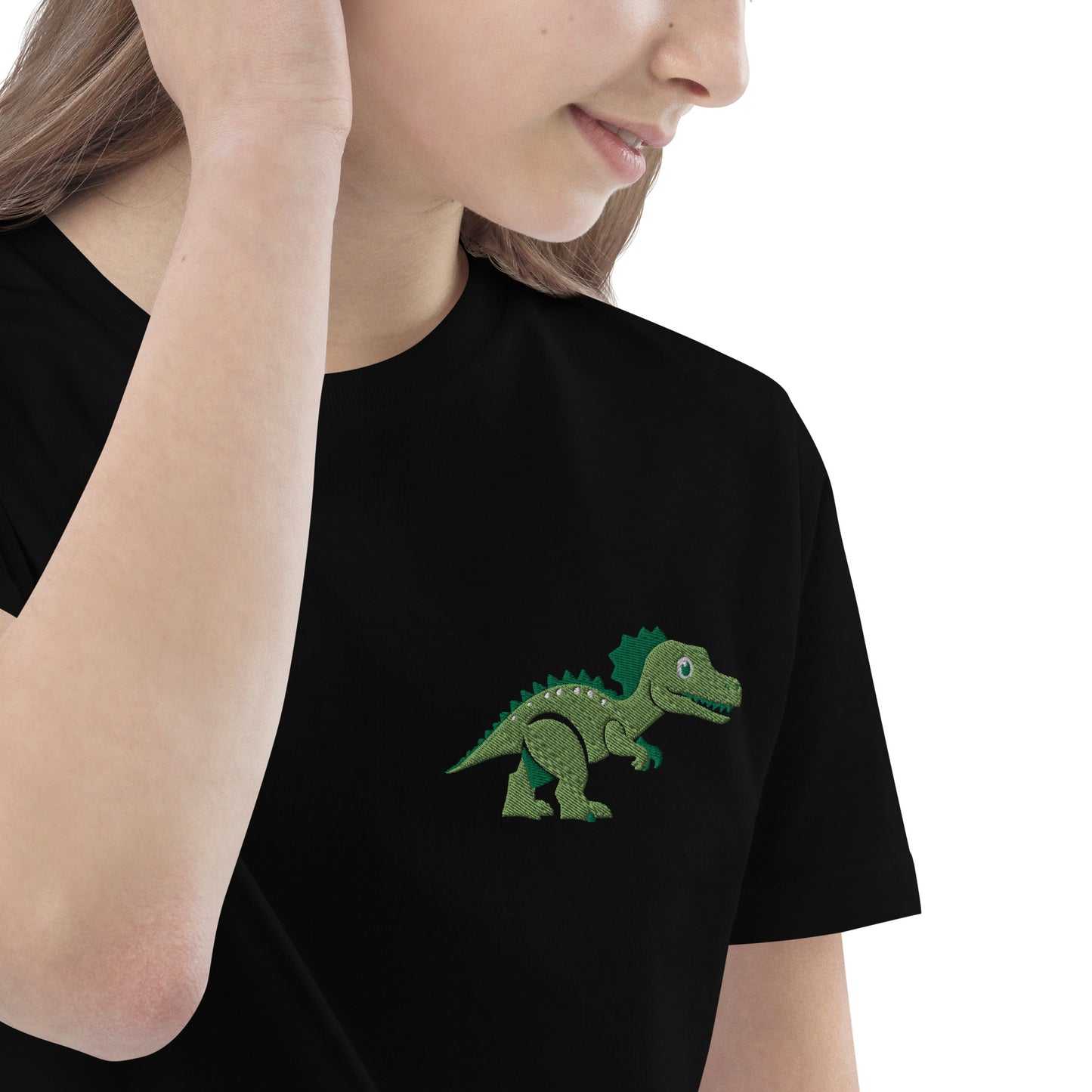 Dinosaurier T-Rex auf Bio-Baumwoll-T-Shirt für Kinder gestickt