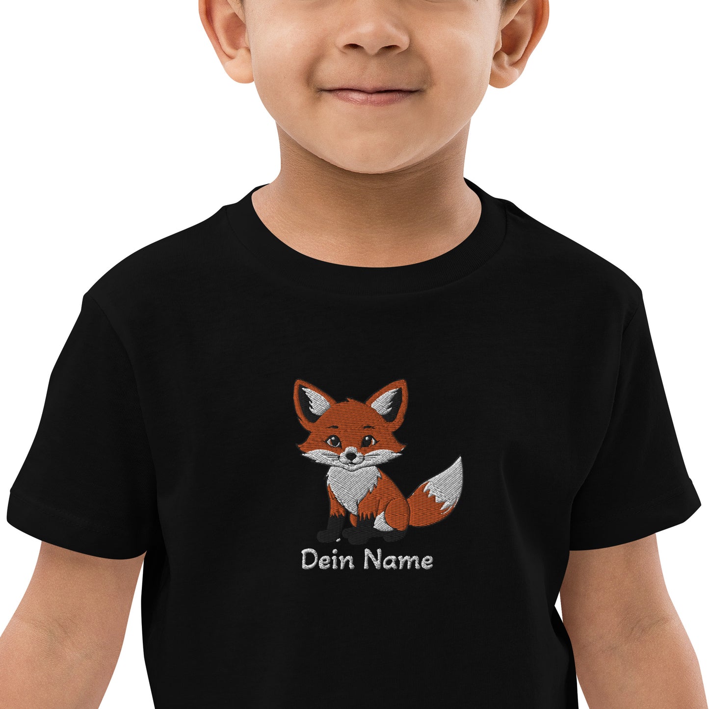 Fuchs auf Bio-Baumwoll-T-Shirt für Kinder gestickt Mitte Personalisierbar