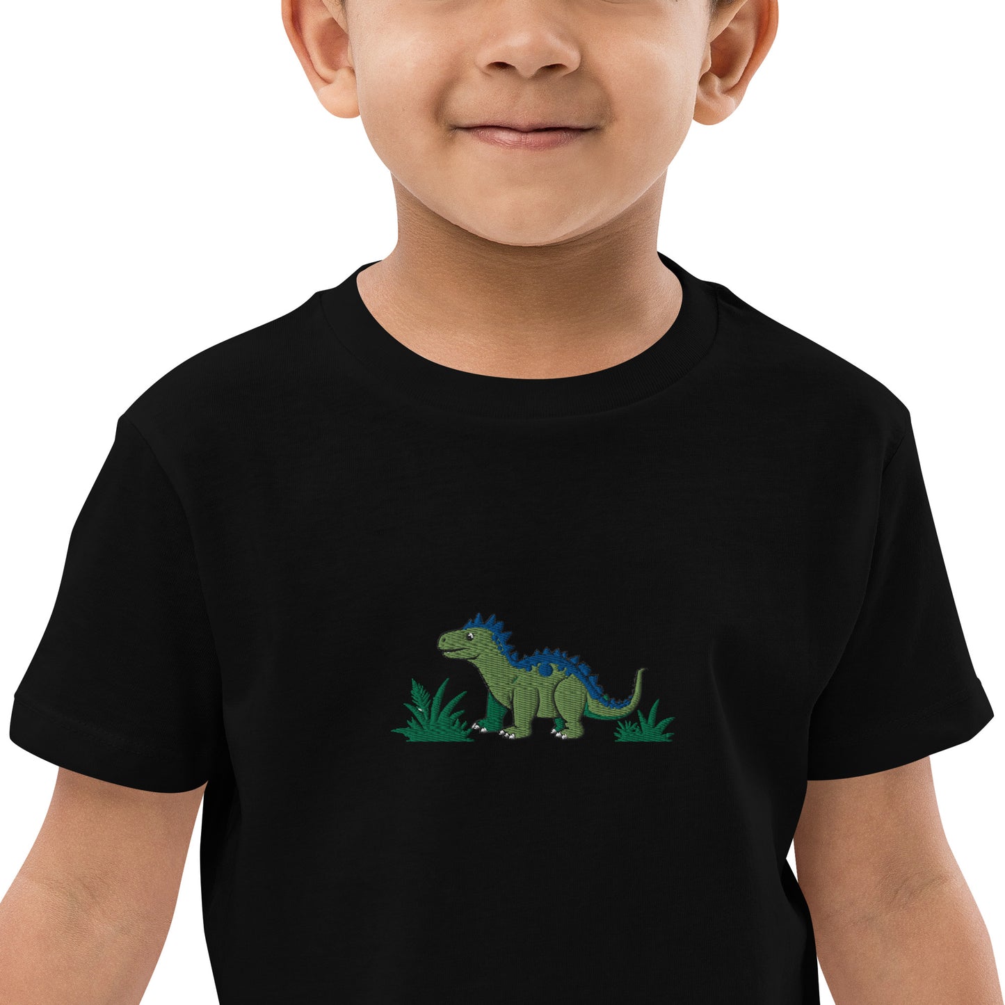 Dino Stegosaurus auf Bio-Baumwoll-T-Shirt für Kinder gestickt