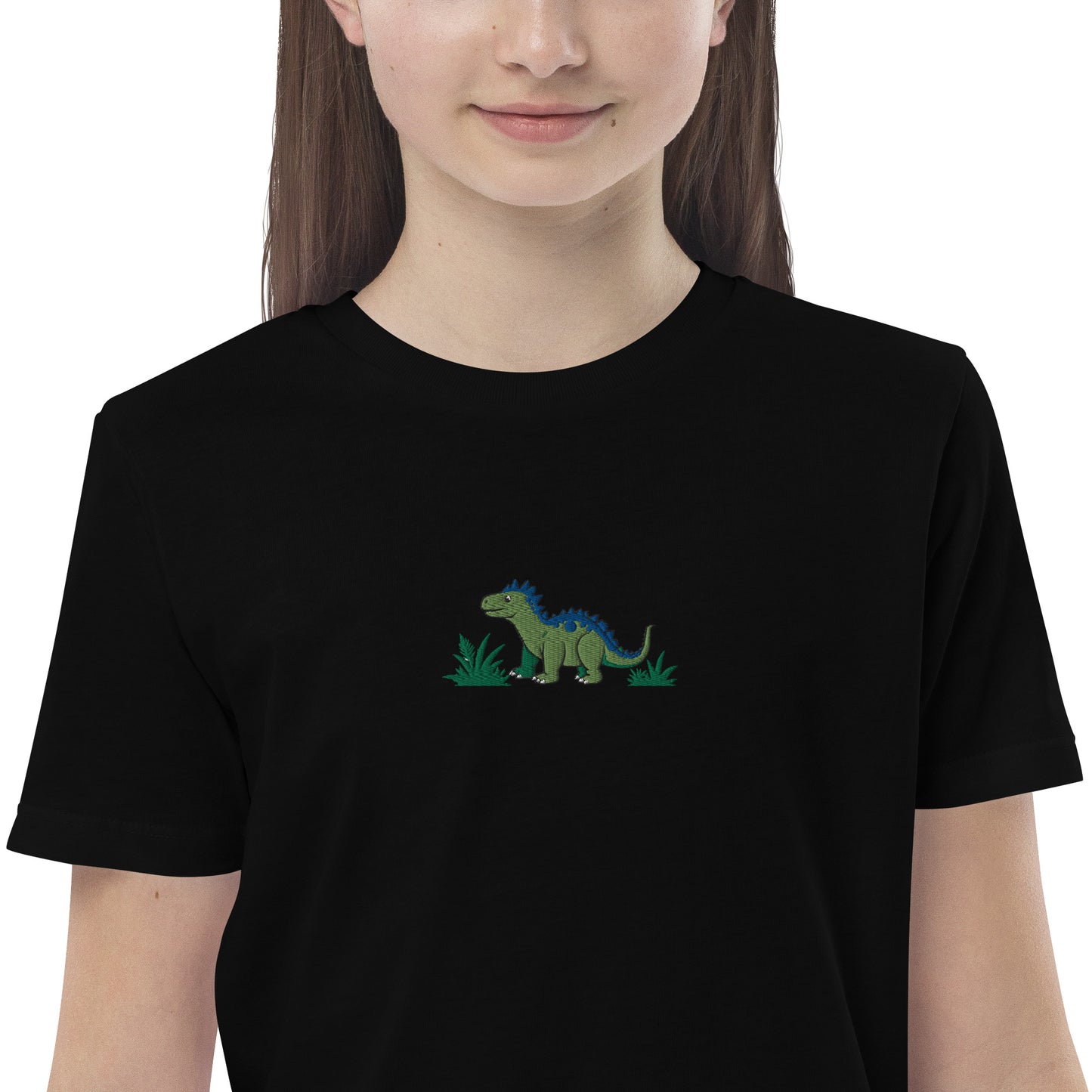 Dino Stegosaurus auf Bio-Baumwoll-T-Shirt für Kinder gestickt