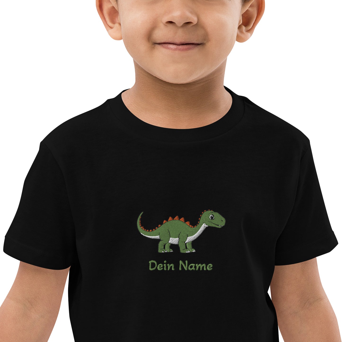 Dino Brachiosaurus Mitte auf Bio-Baumwoll-T-Shirt für Kinder gestickt Personalisierbar