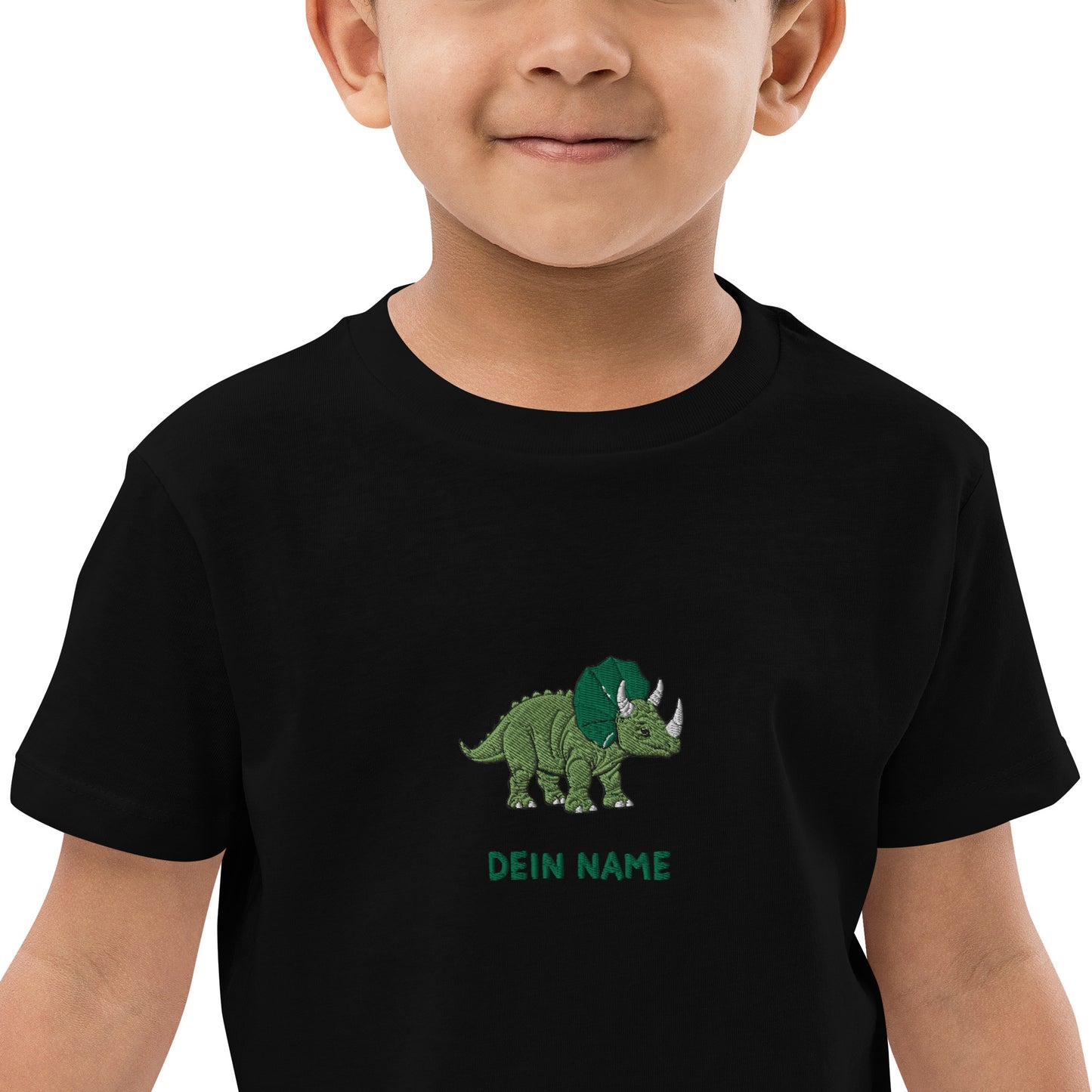 Dino Triceratops auf Bio-Baumwoll-T-Shirt für Kinder gestickt Personalisierbar