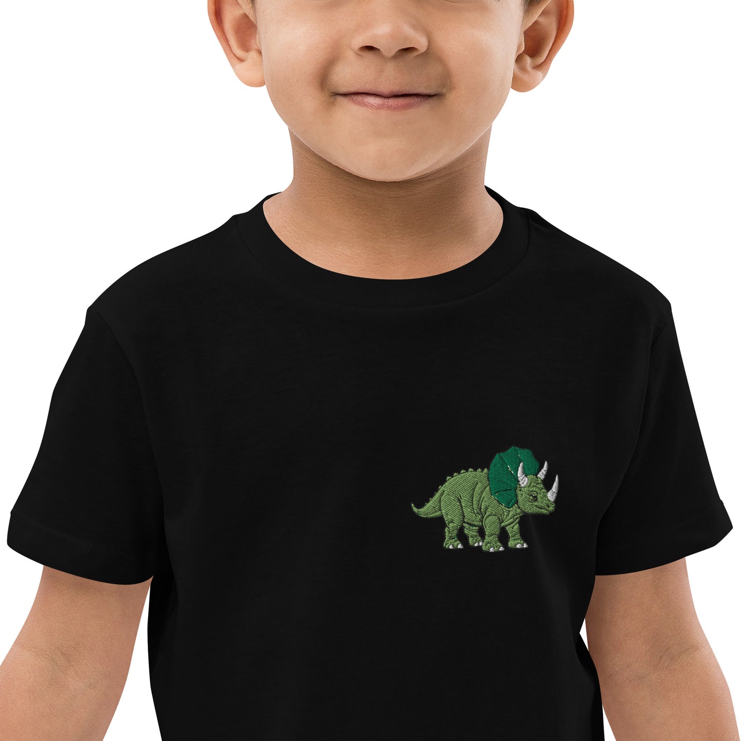 Dino Trizeratops auf Bio-Baumwoll-T-Shirt für Kinder gestickt