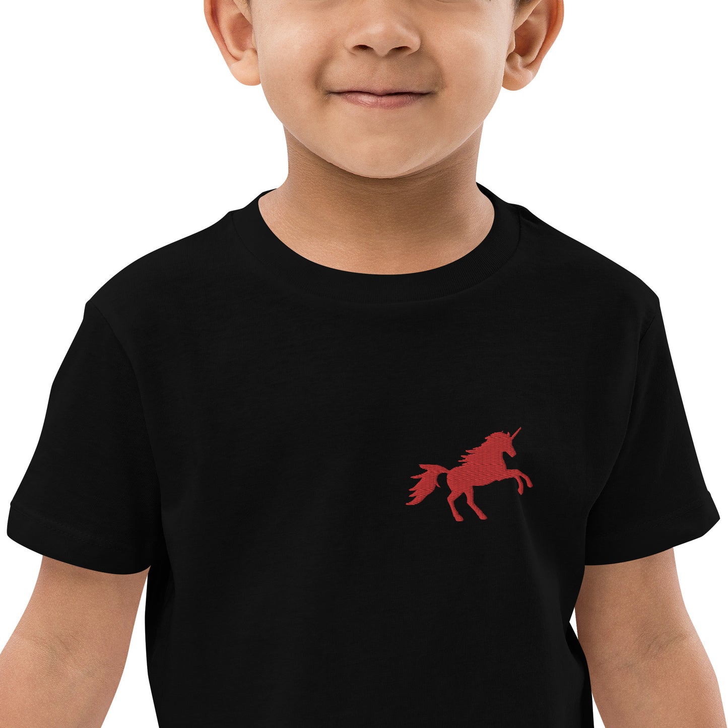 Einhorn rot auf Bio-Baumwoll-T-Shirt für Kinder gestickt