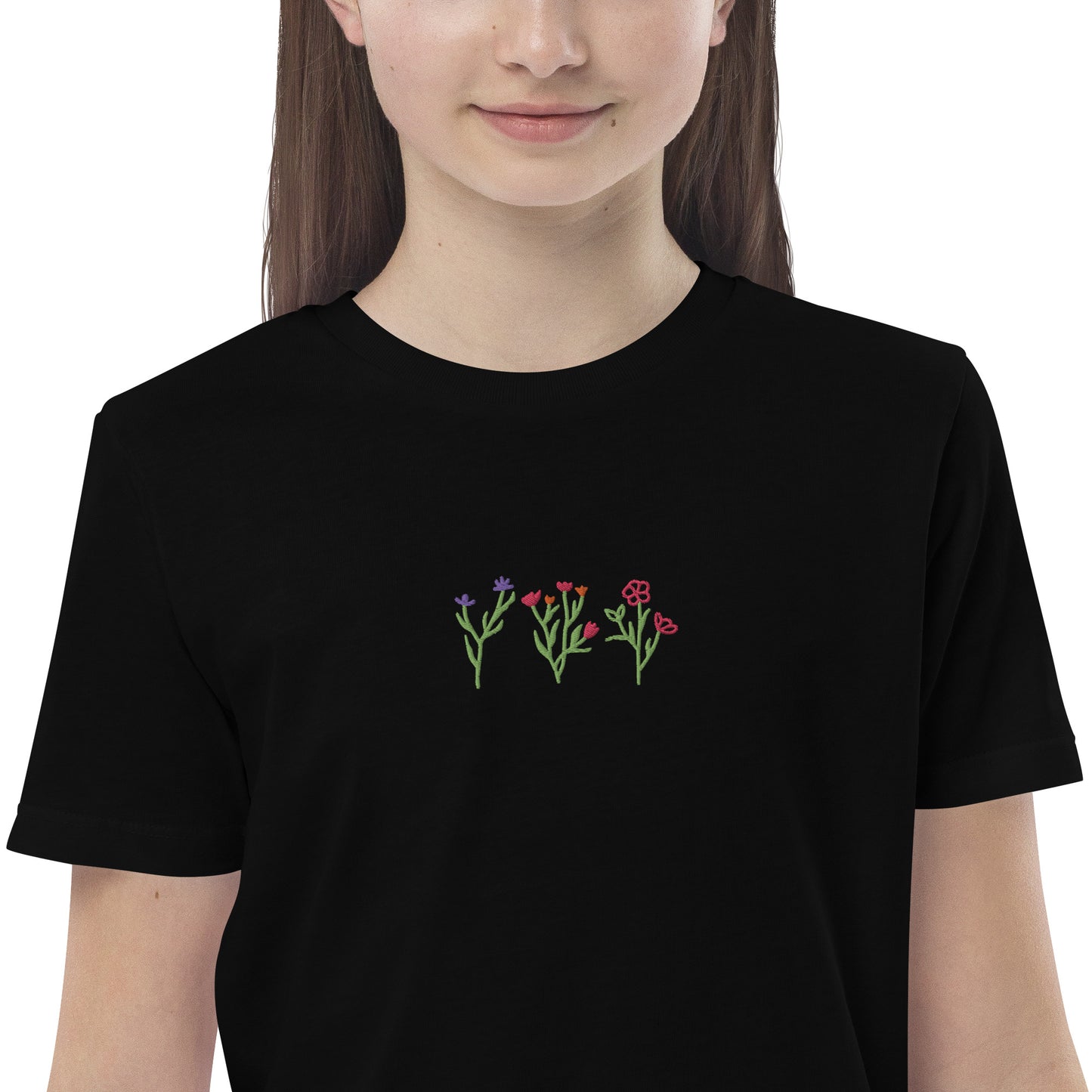 Wildblumen auf Bio-Baumwoll-T-Shirt für Kinder gestickt