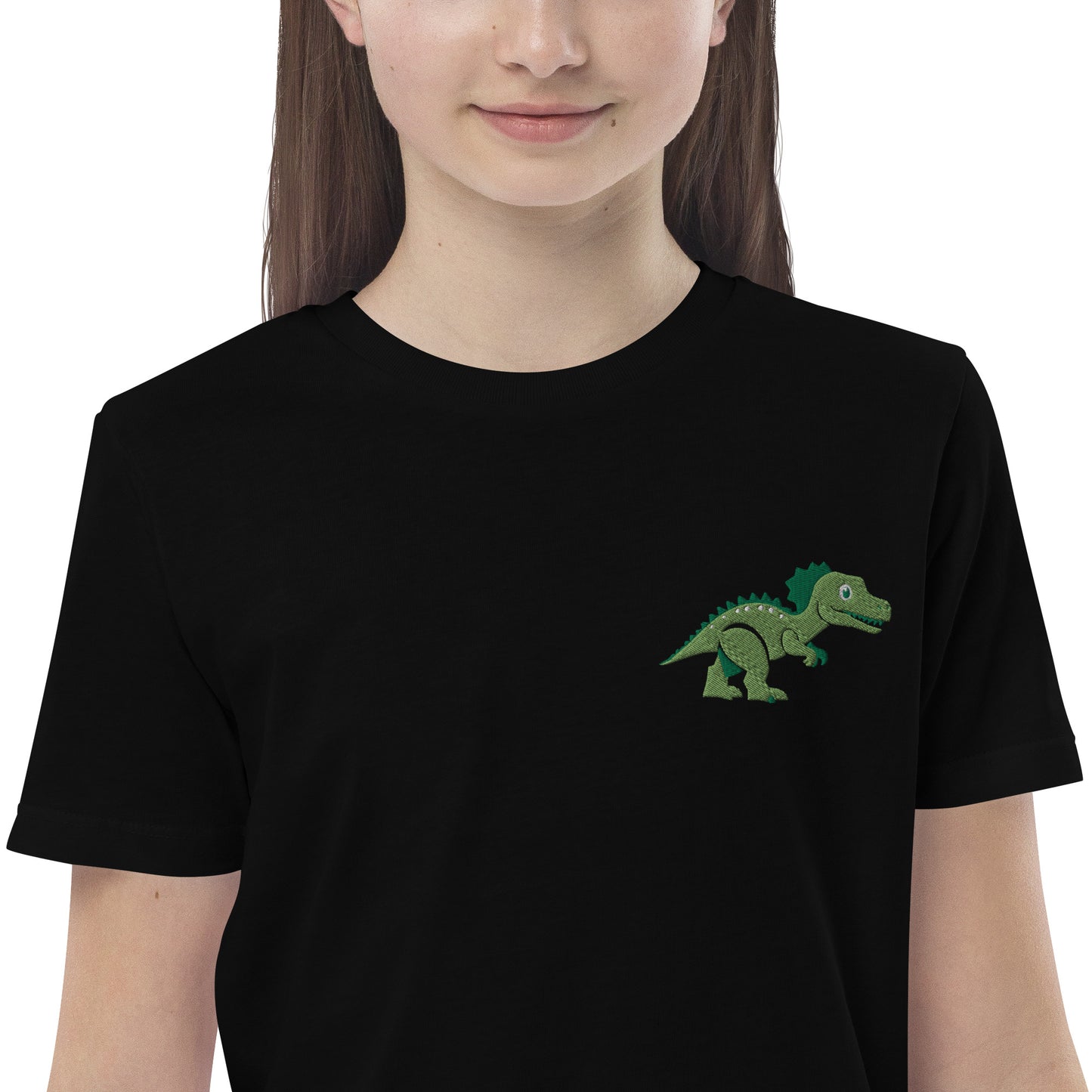 Dinosaurier T-Rex auf Bio-Baumwoll-T-Shirt für Kinder gestickt