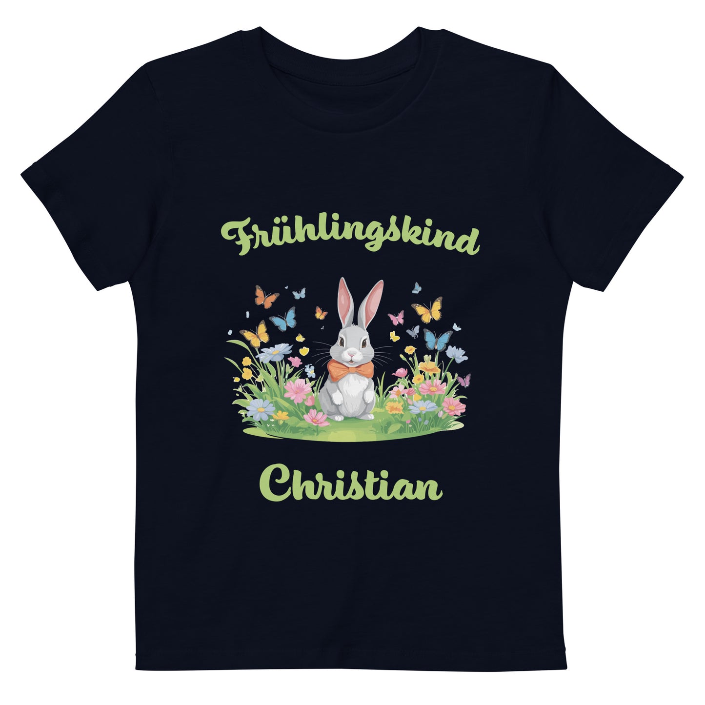 Frühlingskind Hase auf Bio-Baumwoll-T-Shirt für Kinder gedruckt Personalisierbar