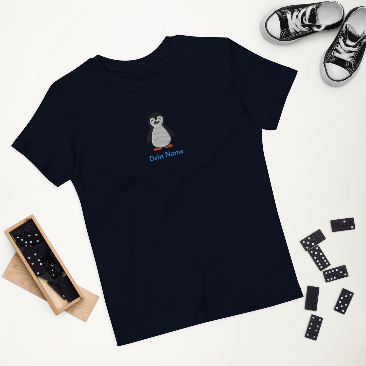 Pinguin auf Bio-Baumwoll-T-Shirt für Kinder gestickt Personalisierbar