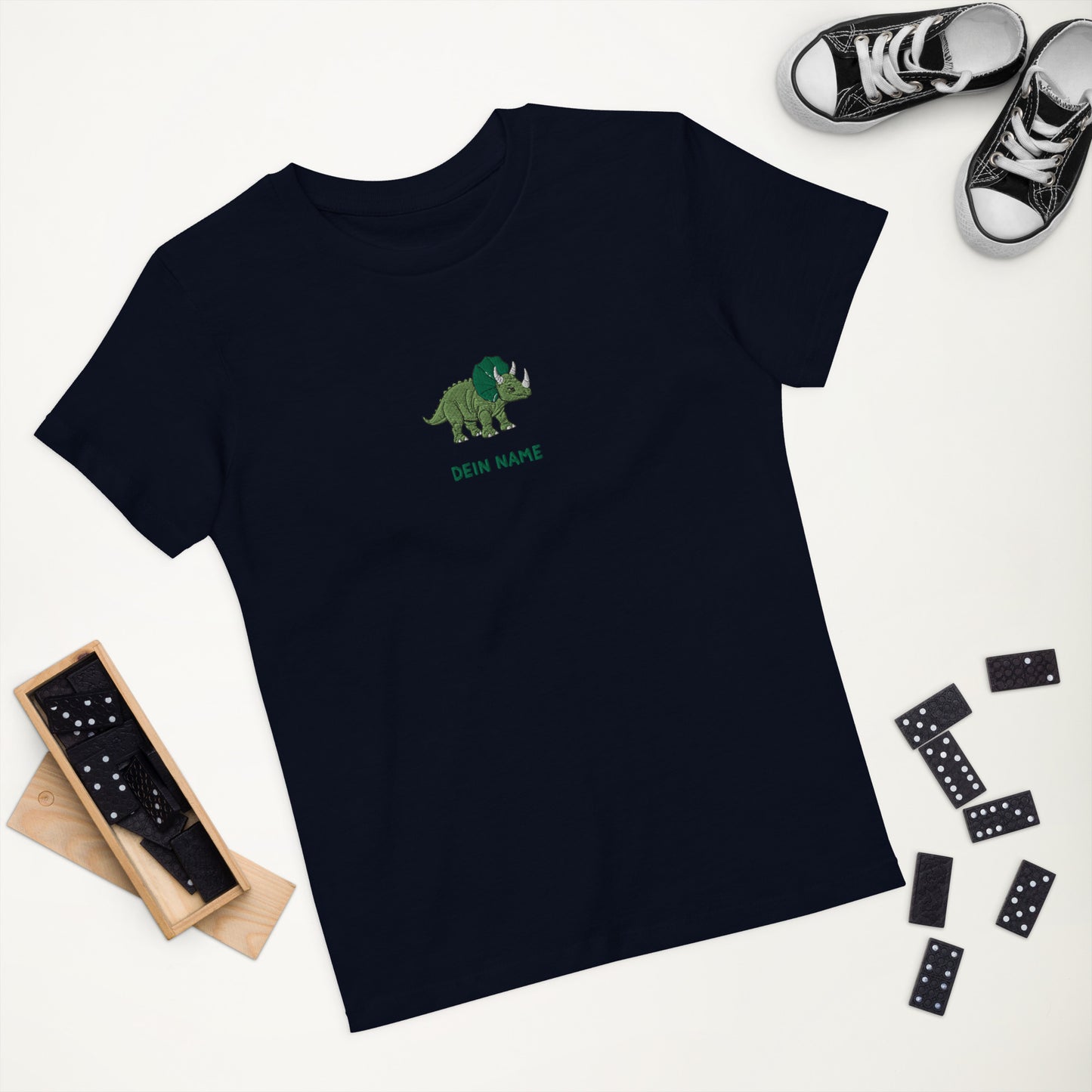 Dino Triceratops auf Bio-Baumwoll-T-Shirt für Kinder gestickt Personalisierbar