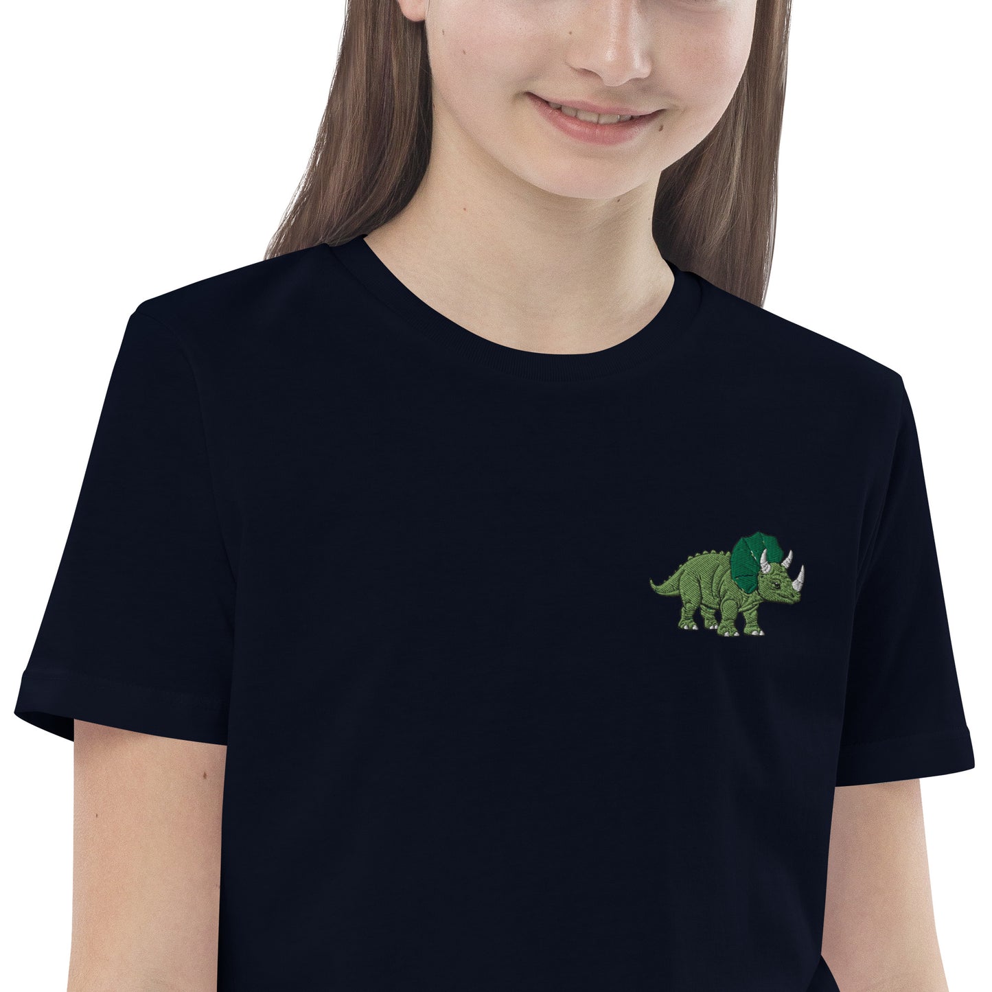 Dino Trizeratops auf Bio-Baumwoll-T-Shirt für Kinder gestickt