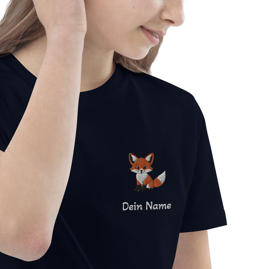 Fuchs auf Bio-Baumwoll-T-Shirt für Kinder gestickt Personalisierbar