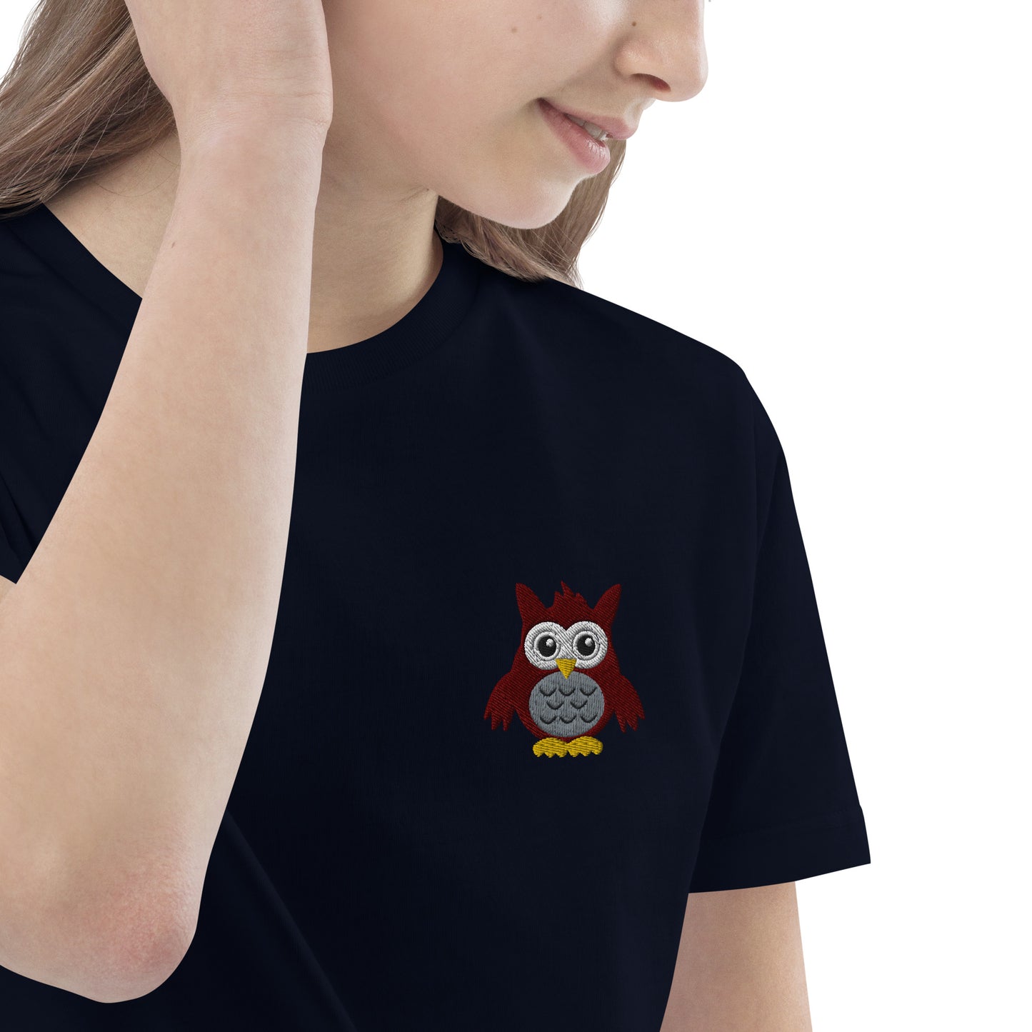 Eule auf Bio-Baumwoll-T-Shirt für Kinder gestickt