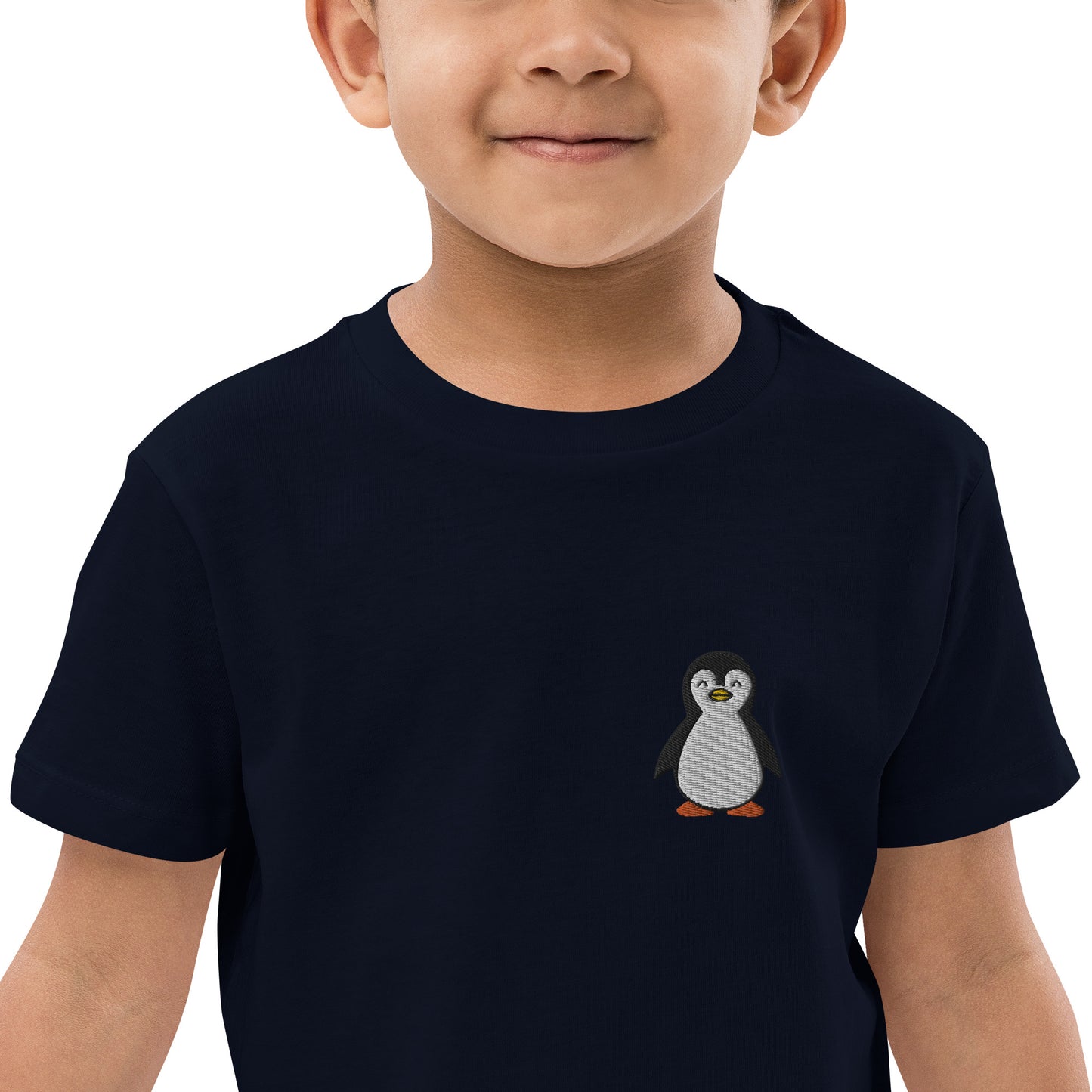 Pinguin auf Bio-Baumwoll-T-Shirt für Kinder gestickt